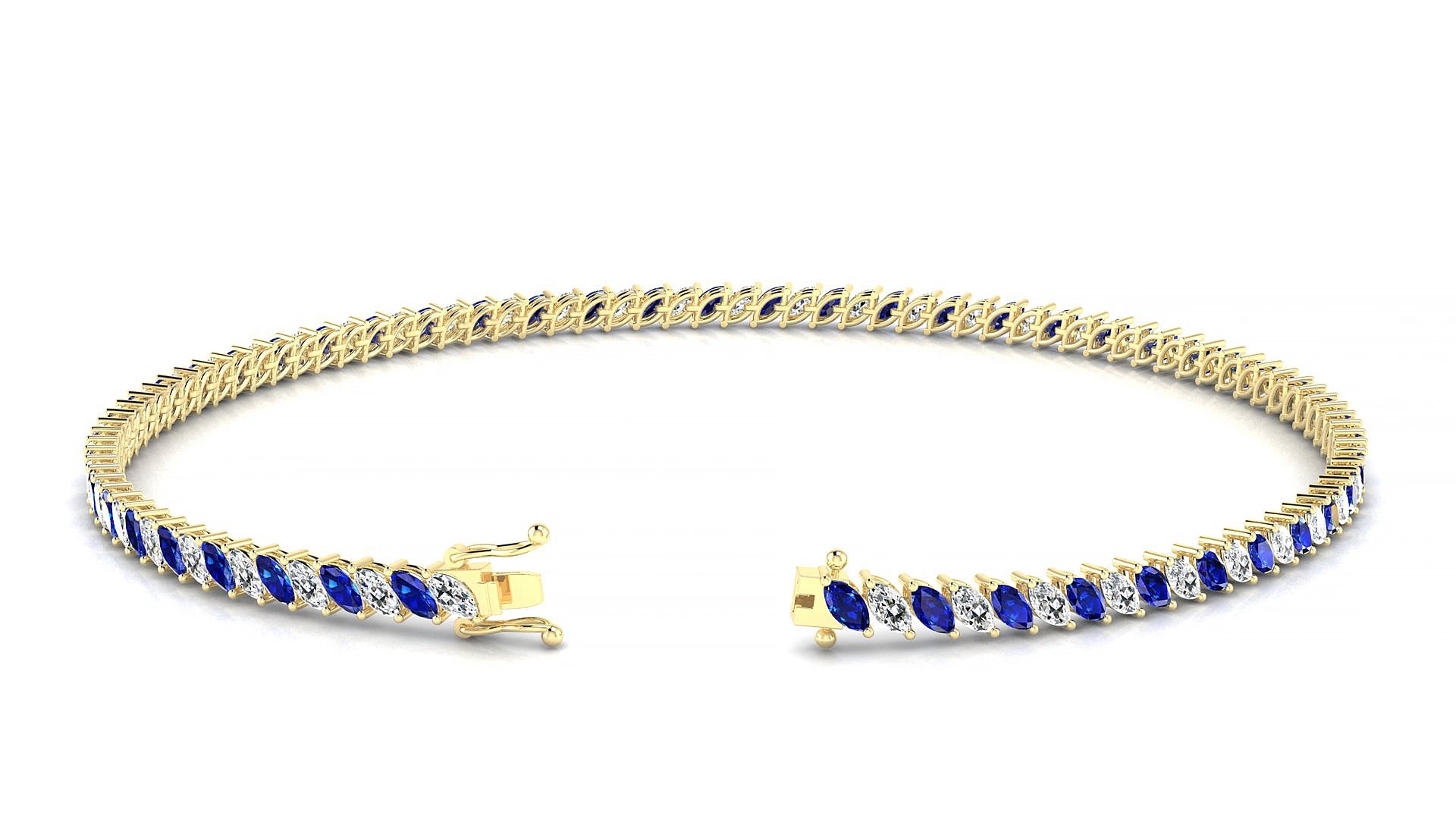 Venezia 1-1 | 18k Yellow Gold 3 x 1.5 mm Marquise Natural Sapphire & Diamond 15 cm Tennis Bracelet