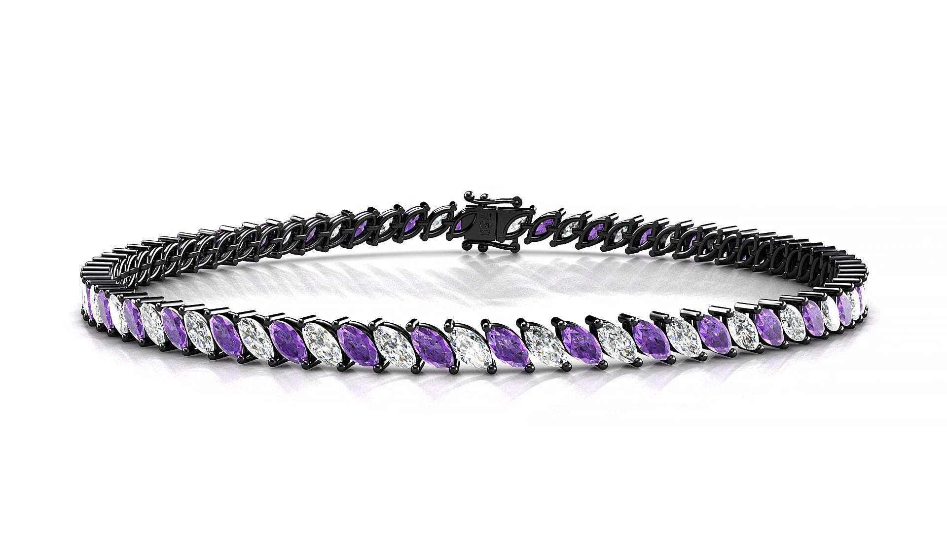 Venezia 1-1 | 18k Black Gold 4 x 2 mm Marquise Natural Amethyst & Diamond 16 cm Tennis Bracelet