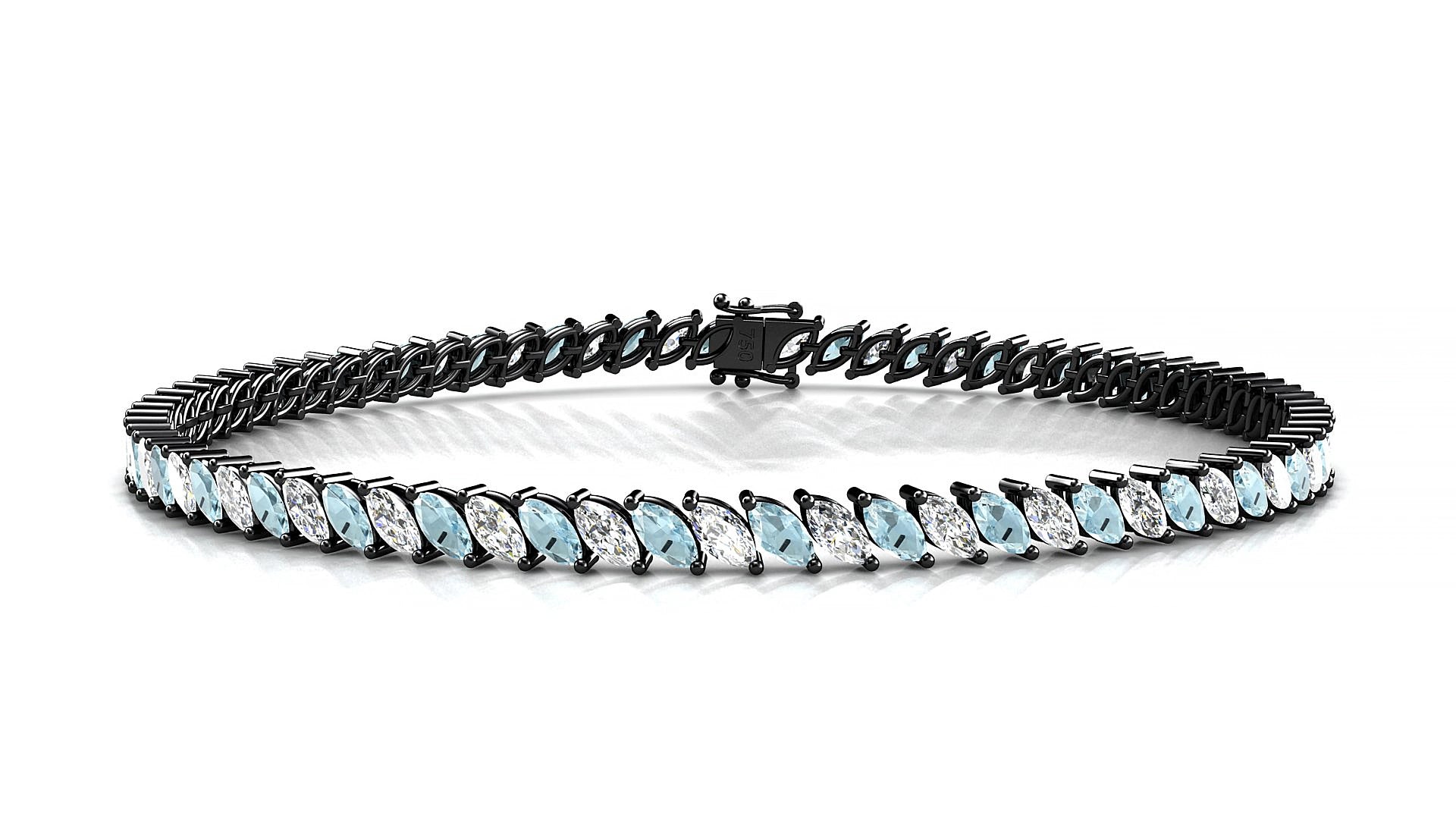 Venezia 1-1 | 18k Black Gold 4 x 2 mm Marquise Natural Aquamarine & Diamond 15 cm Tennis Bracelet
