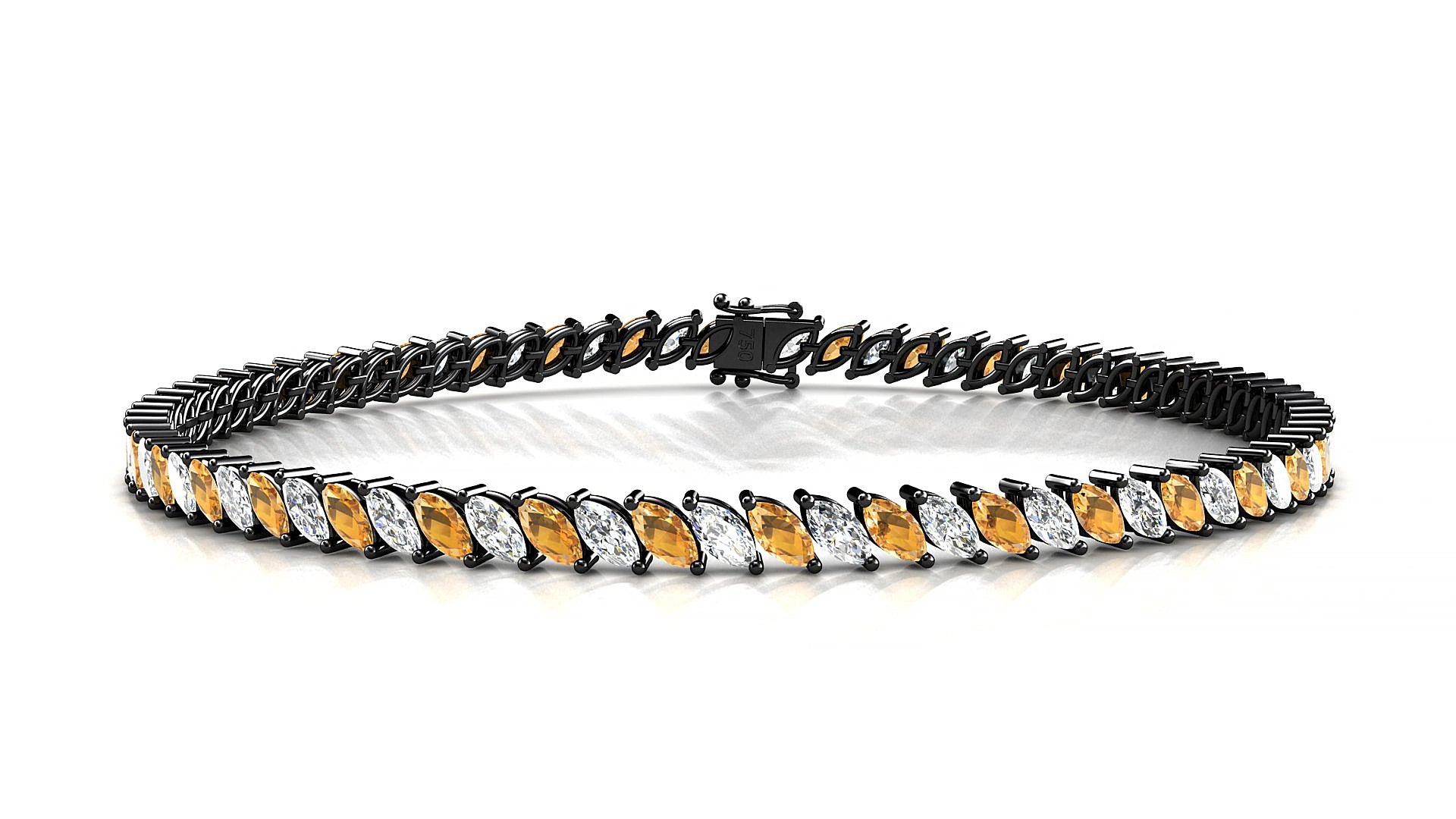 Venezia 1-1 | 18k Black Gold 4 x 2 mm Marquise Natural Citrine & Diamond 20 cm Tennis Bracelet
