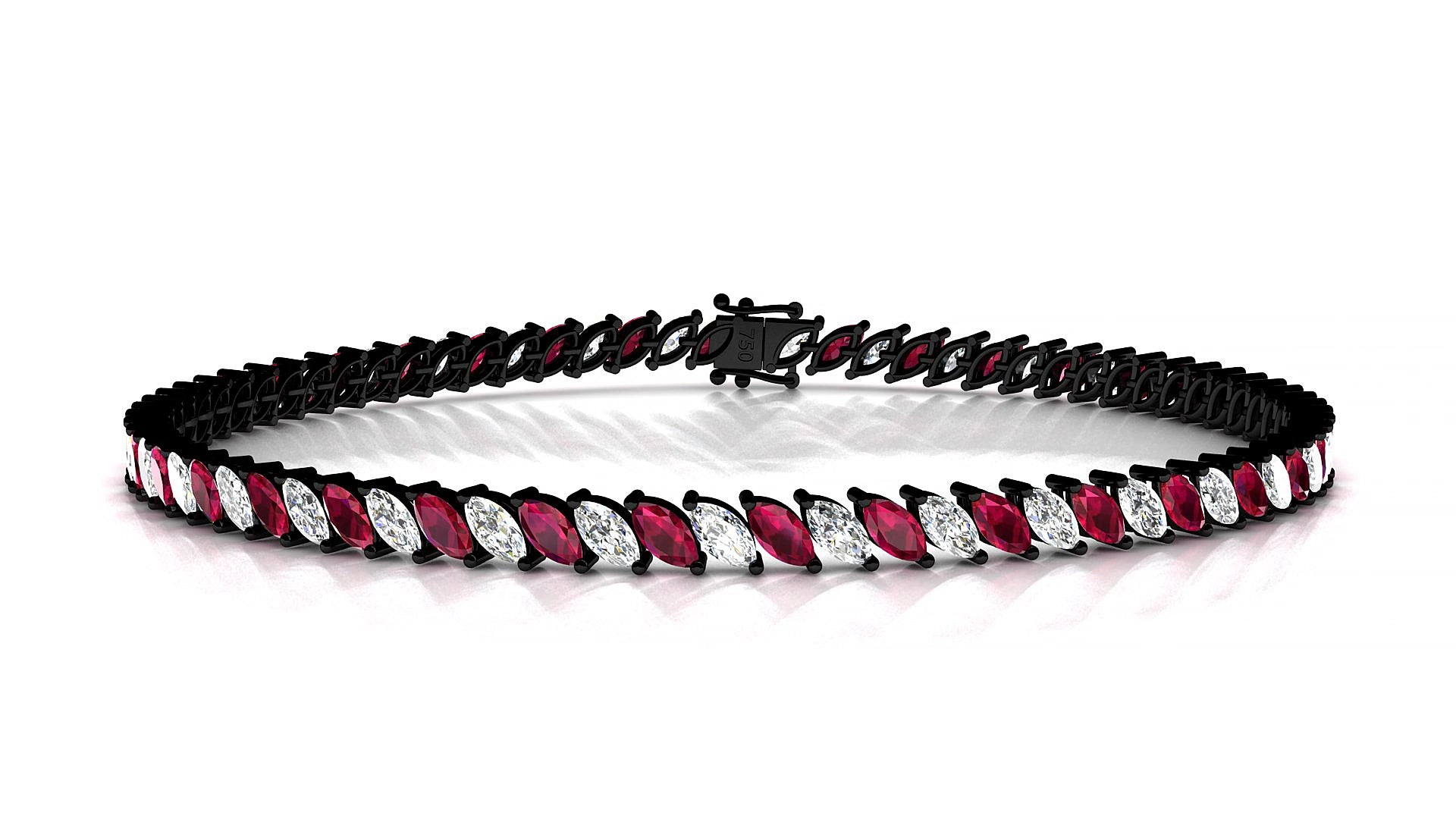 Venezia 1-1 | 18k Black Gold 4 x 2 mm Marquise Natural Ruby & Diamond 19 cm Tennis Bracelet