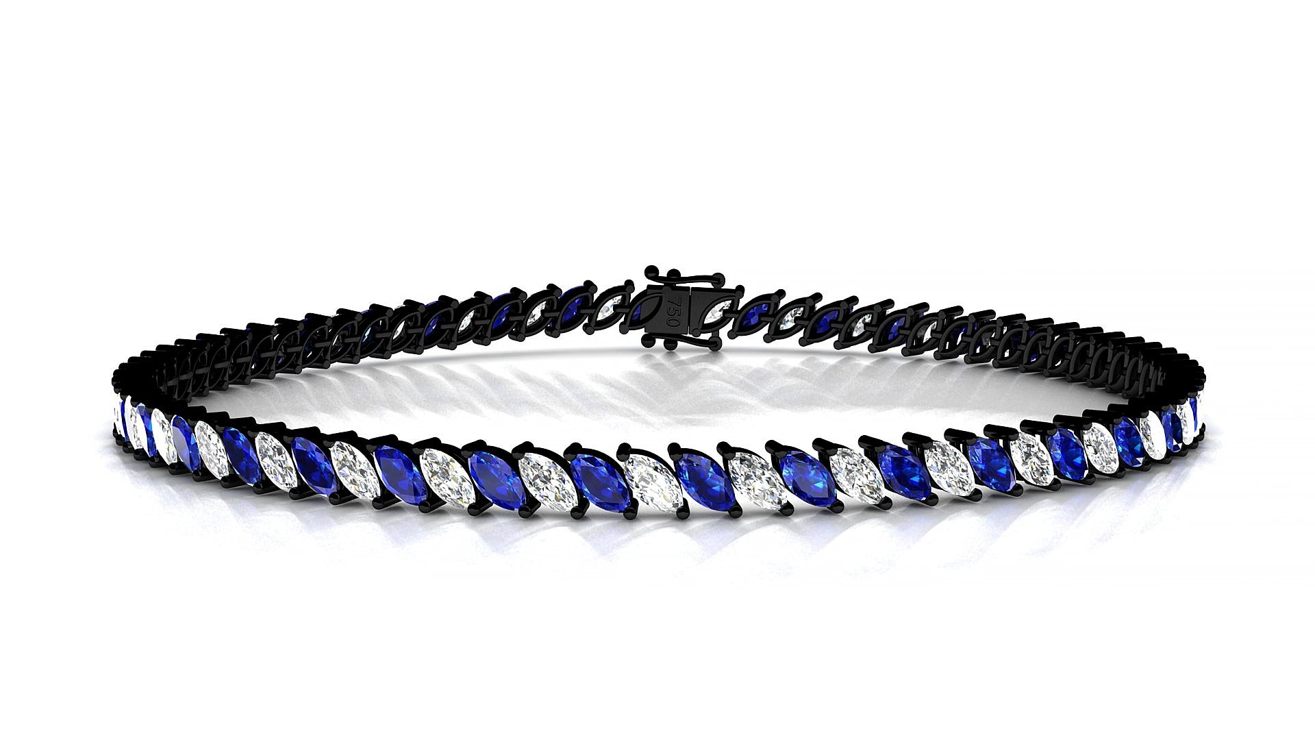 Venezia 1-1 | 18k Black Gold 4 x 2 mm Marquise Natural Sapphire & Diamond 15 cm Tennis Bracelet