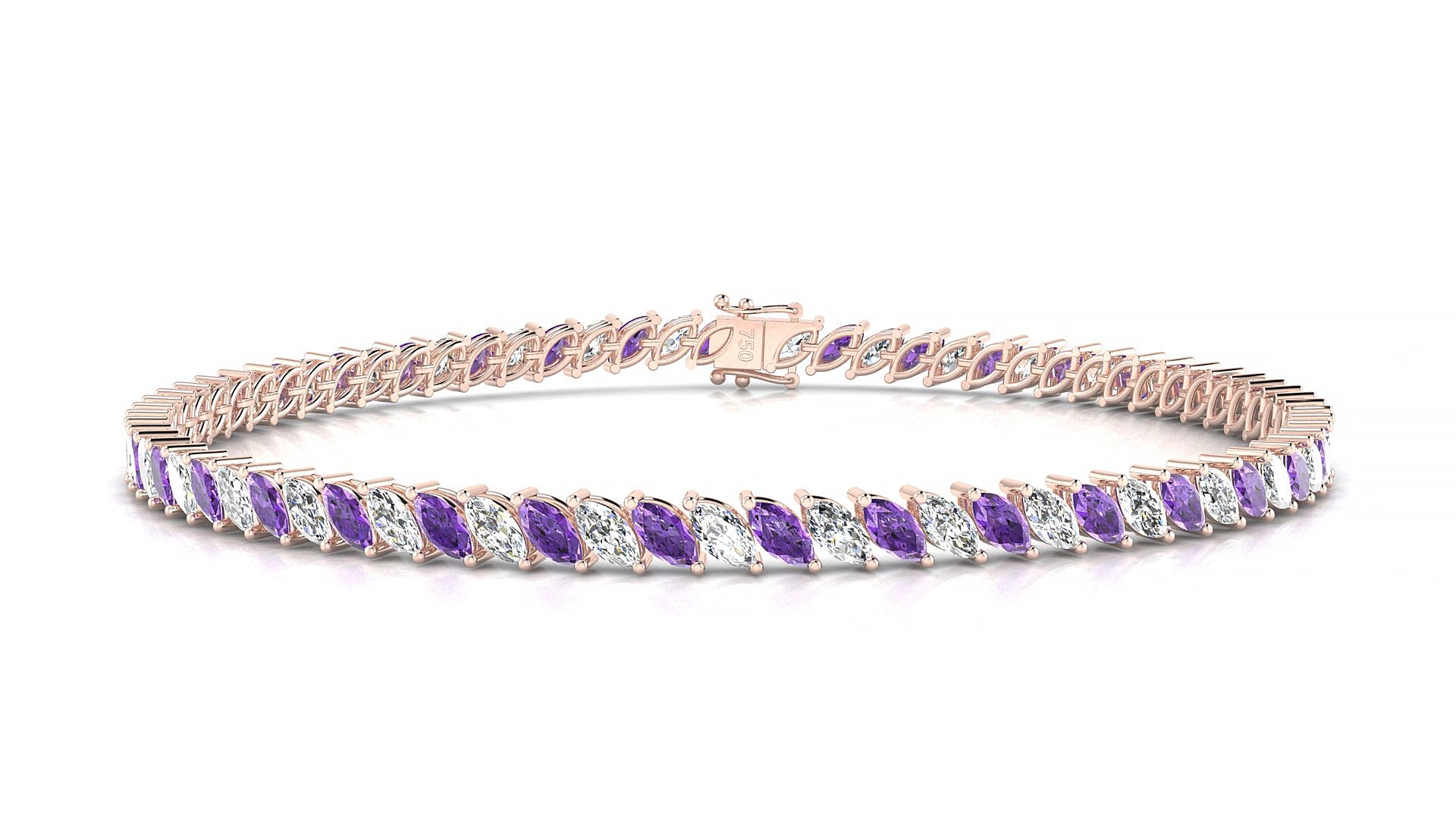 Venezia 1-1 | 18k Rose Gold 4 x 2 mm Marquise Natural Amethyst & Diamond 15 cm Tennis Bracelet