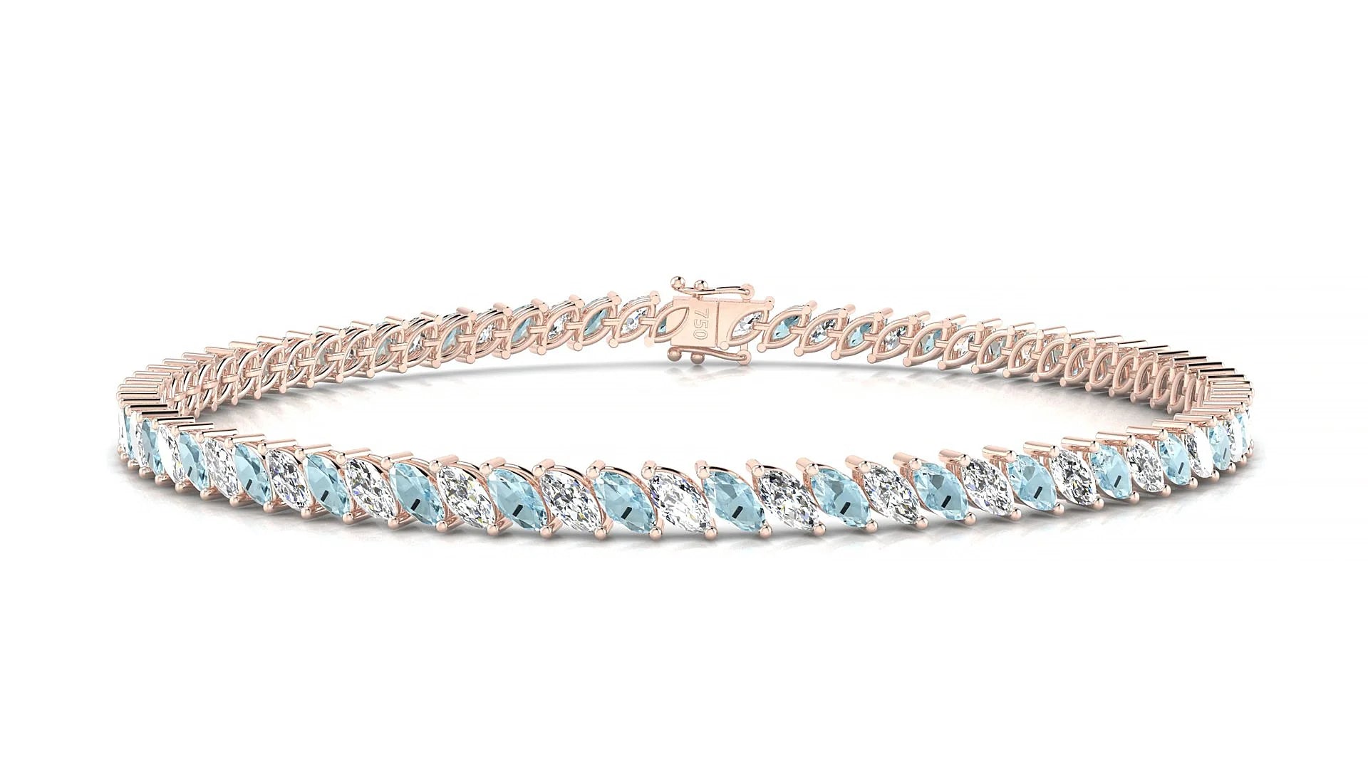 Venezia 1-1 | 18k Rose Gold 4 x 2 mm Marquise Natural Aquamarine & Diamond Tennis Bracelet