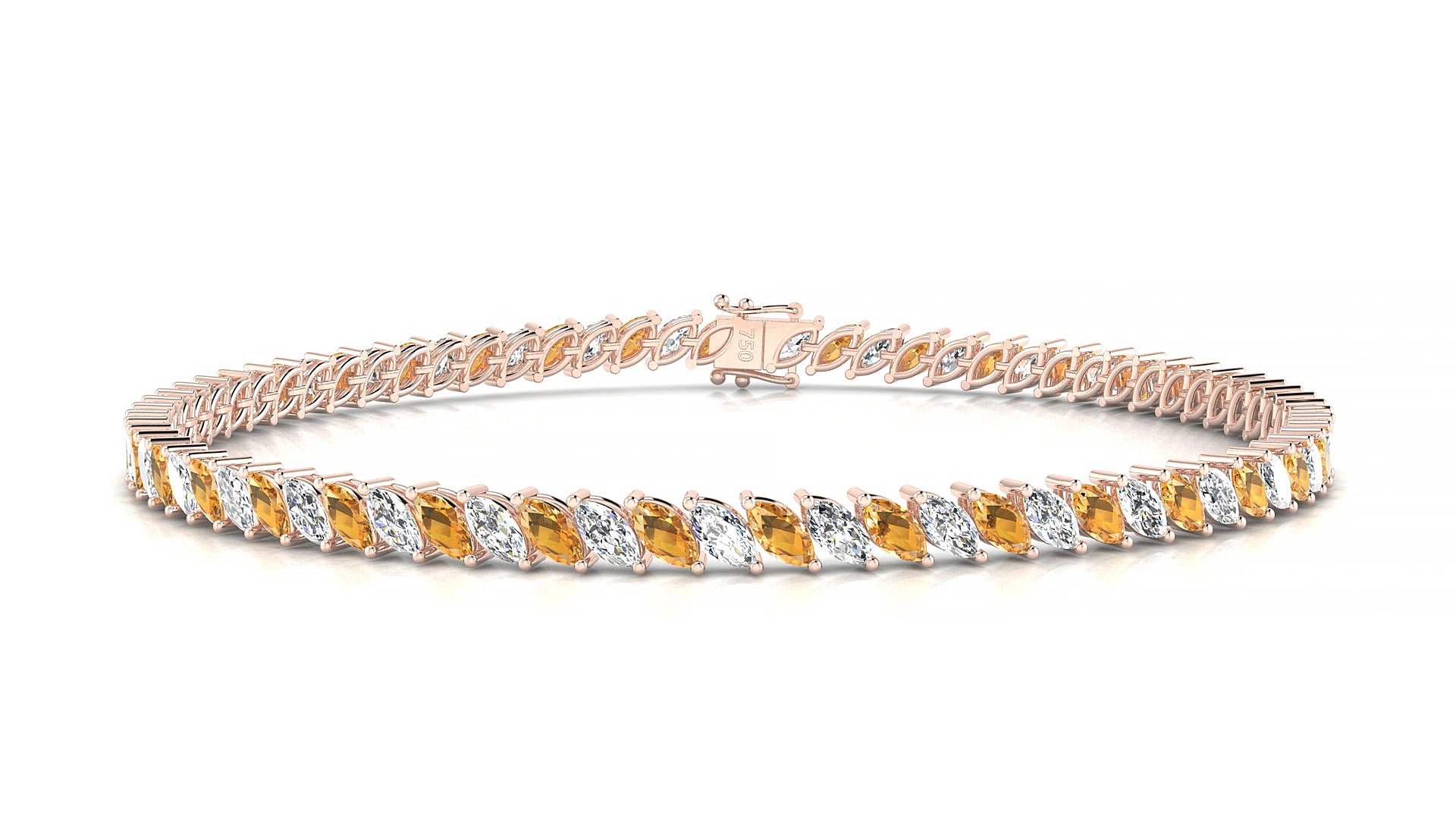 Venezia 1-1 | 18k Rose Gold 4 x 2 mm Marquise Natural Citrine & Diamond 17 cm Tennis Bracelet