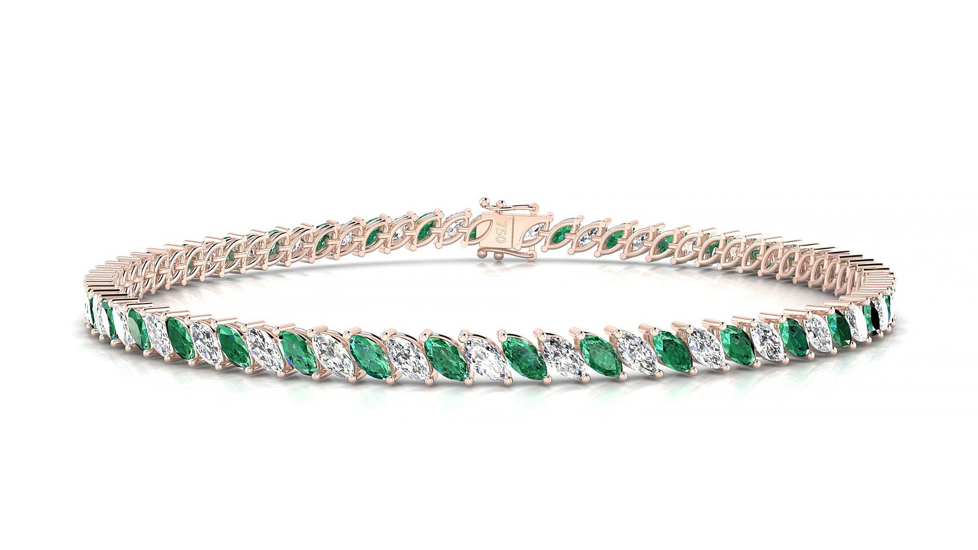 Venezia 1-1 | 18k Rose Gold 4 x 2 mm Marquise Natural Emerald & Diamond 16 cm Tennis Bracelet