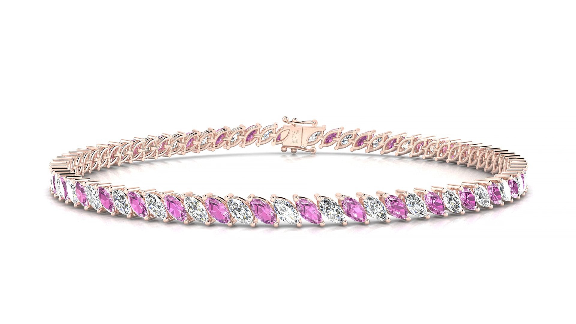Venezia 1-1 | 18k Rose Gold 4 x 2 mm Marquise Natural Pink Sapphire & Diamond 20 cm Tennis Bracelet