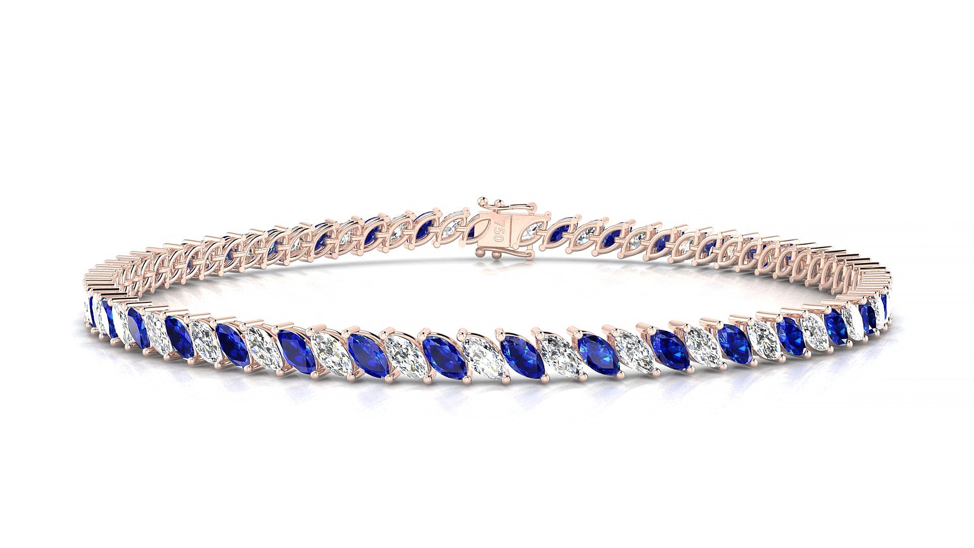 Venezia 1-1 | 18k Rose Gold 4 x 2 mm Marquise Natural Sapphire & Diamond 15 cm Tennis Bracelet