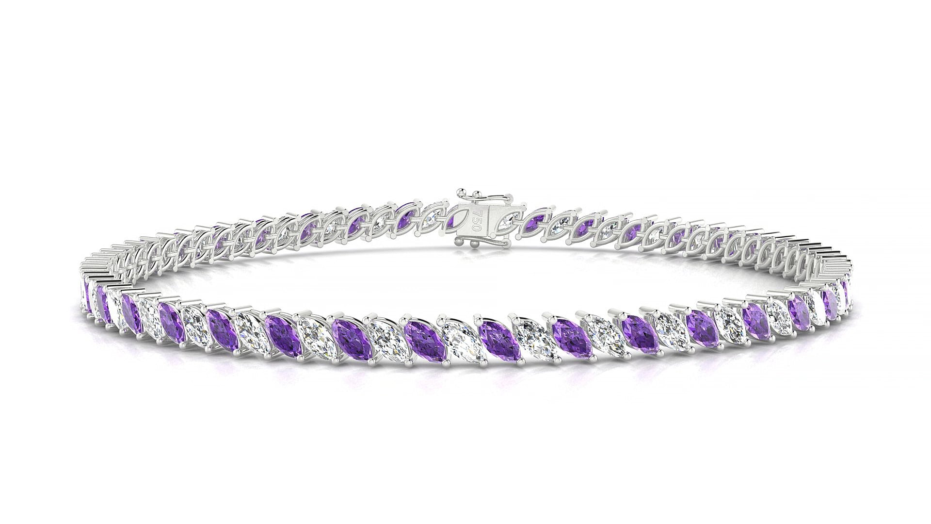 Venezia 1-1 | 18k White Gold 4 x 2 mm Marquise Natural Amethyst & Diamond 16 cm Tennis Bracelet
