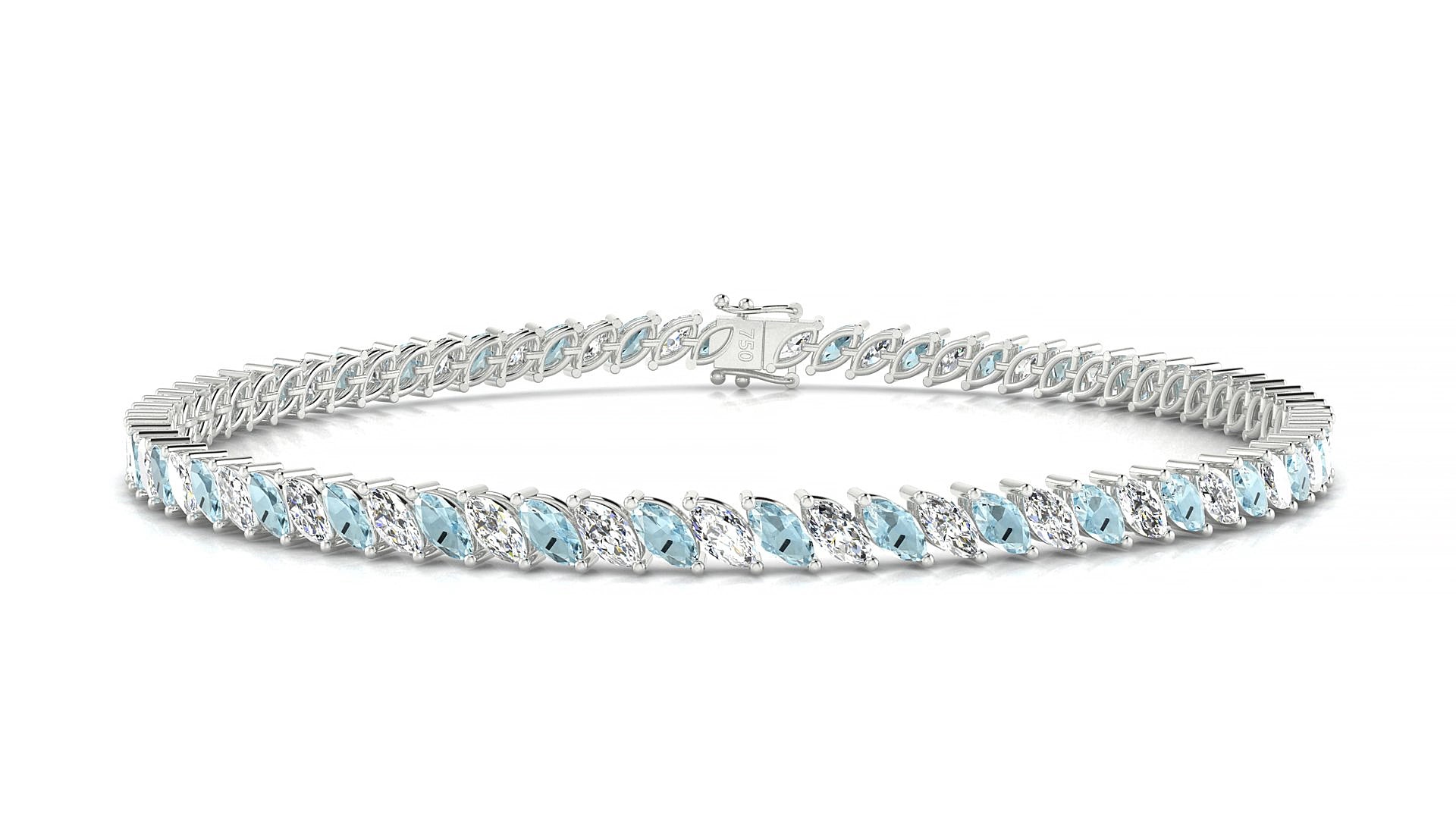 Venezia 1-1 | 18k White Gold 4 x 2 mm Marquise Natural Aquamarine & Diamond 15 cm Tennis Bracelet