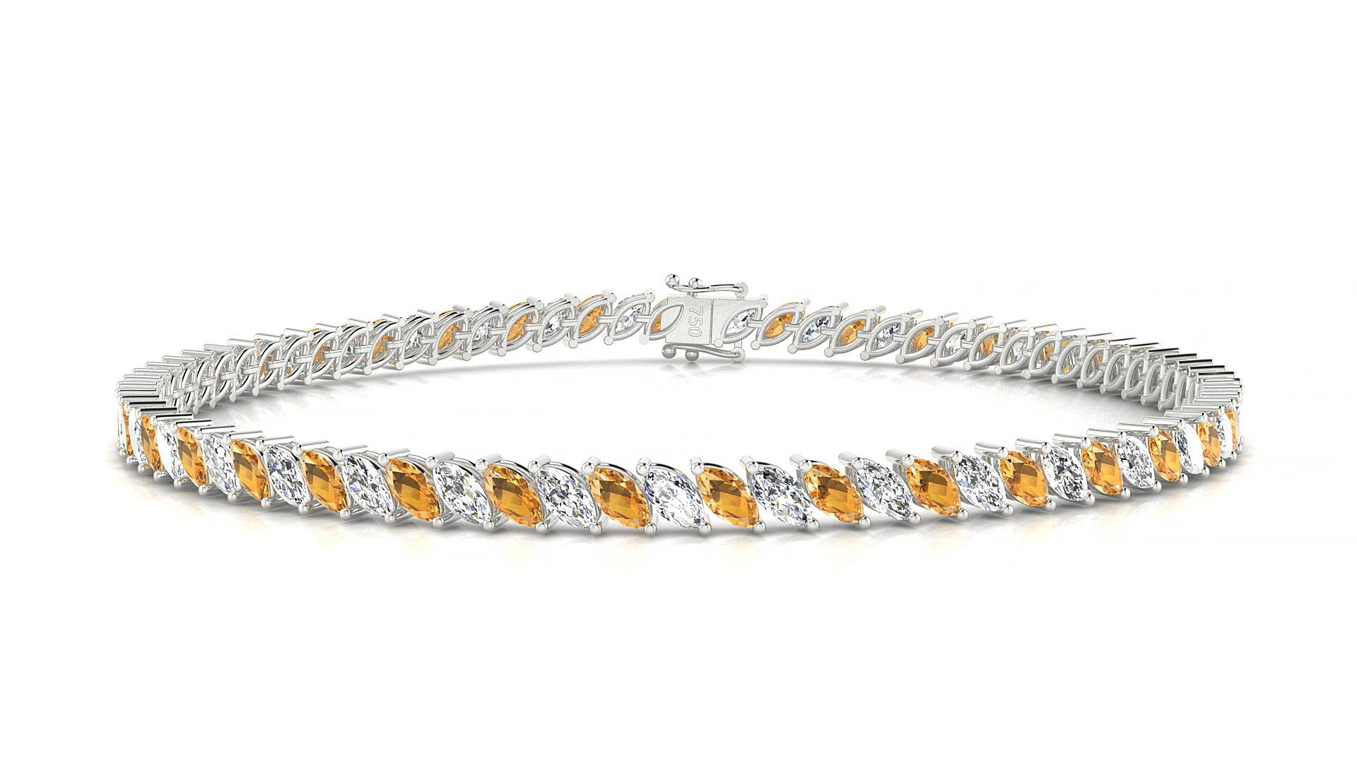 Venezia 1-1 | 18k White Gold 4 x 2 mm Marquise Natural Citrine & Diamond 15 cm Tennis Bracelet
