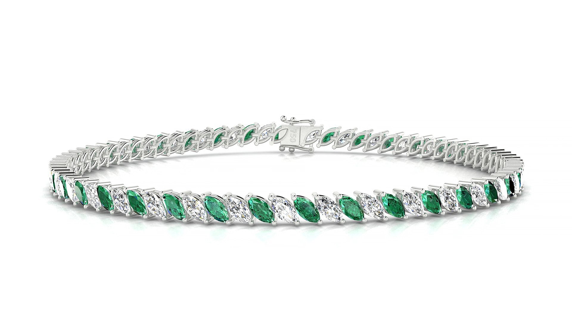 Venezia 1-1 | 18k White Gold 4 x 2 mm Marquise Natural Emerald & Diamond 15 cm Tennis Bracelet