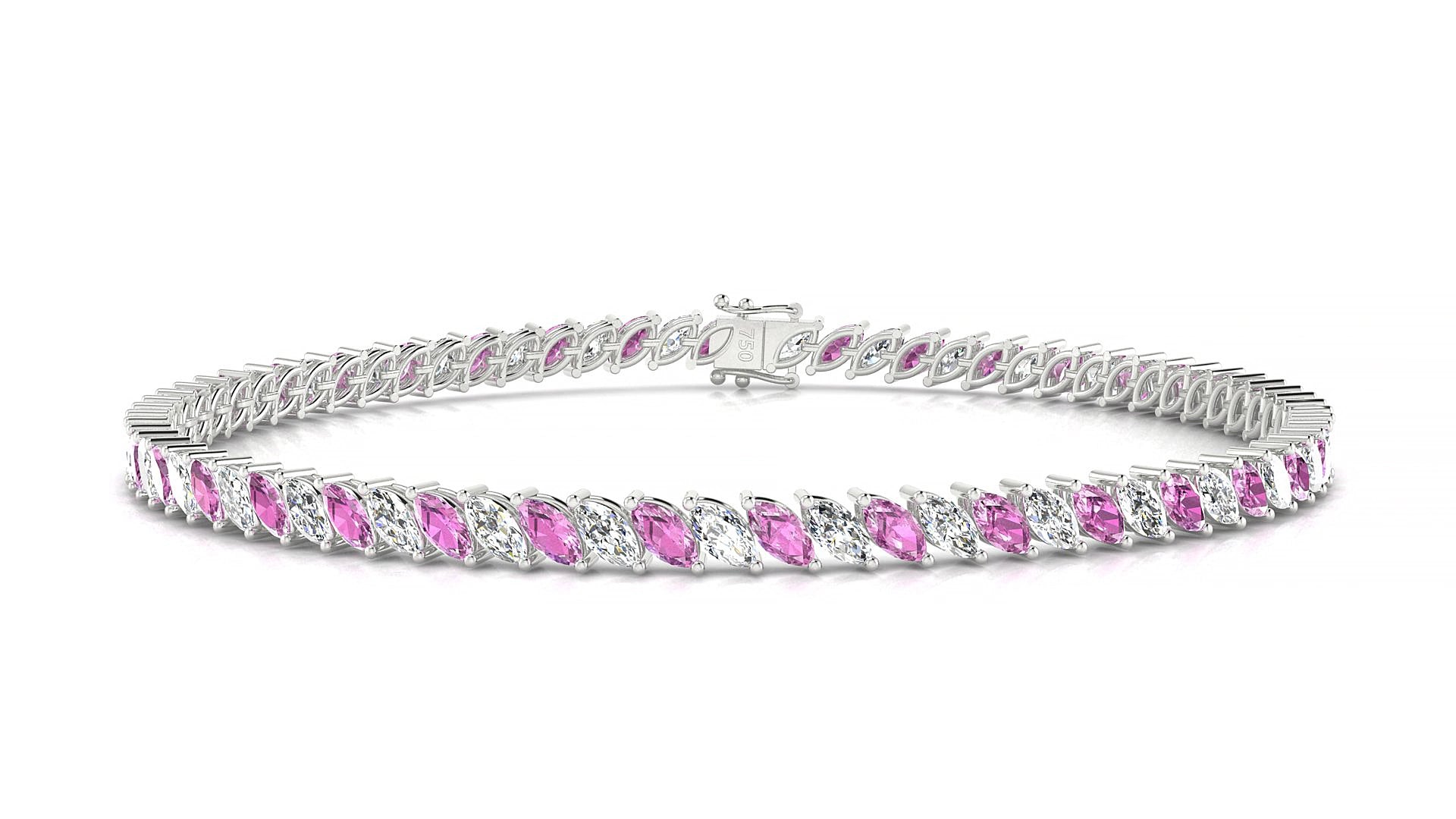 Venezia 1-1 | 18k White Gold 4 x 2 mm Marquise Natural Pink Sapphire & Diamond 15 cm Tennis Bracelet