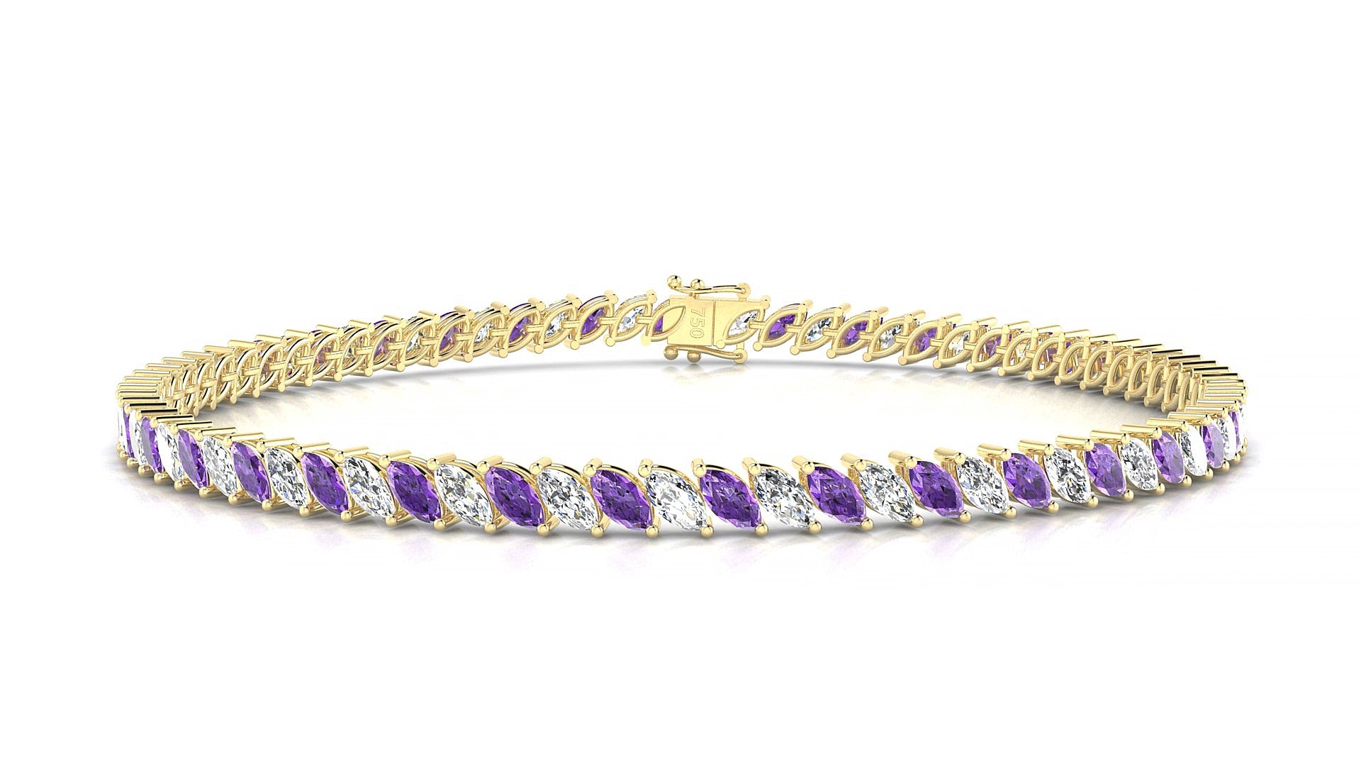 Venezia 1-1 | 18k Yellow Gold 4 x 2 mm Marquise Natural Amethyst & Diamond 15 cm Tennis Bracelet