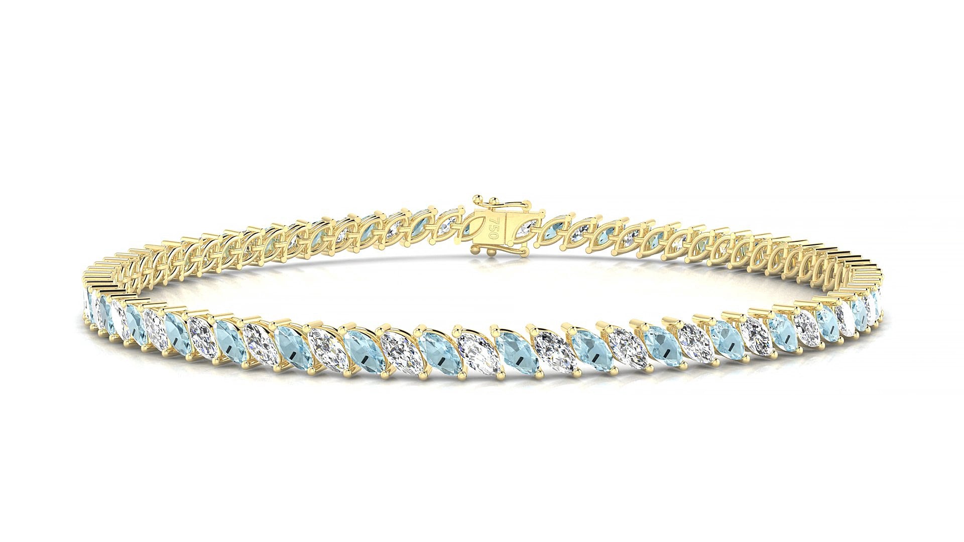 Venezia 1-1 | 18k Yellow Gold 4 x 2 mm Marquise Natural Aquamarine & Diamond 16 cm Tennis Bracelet