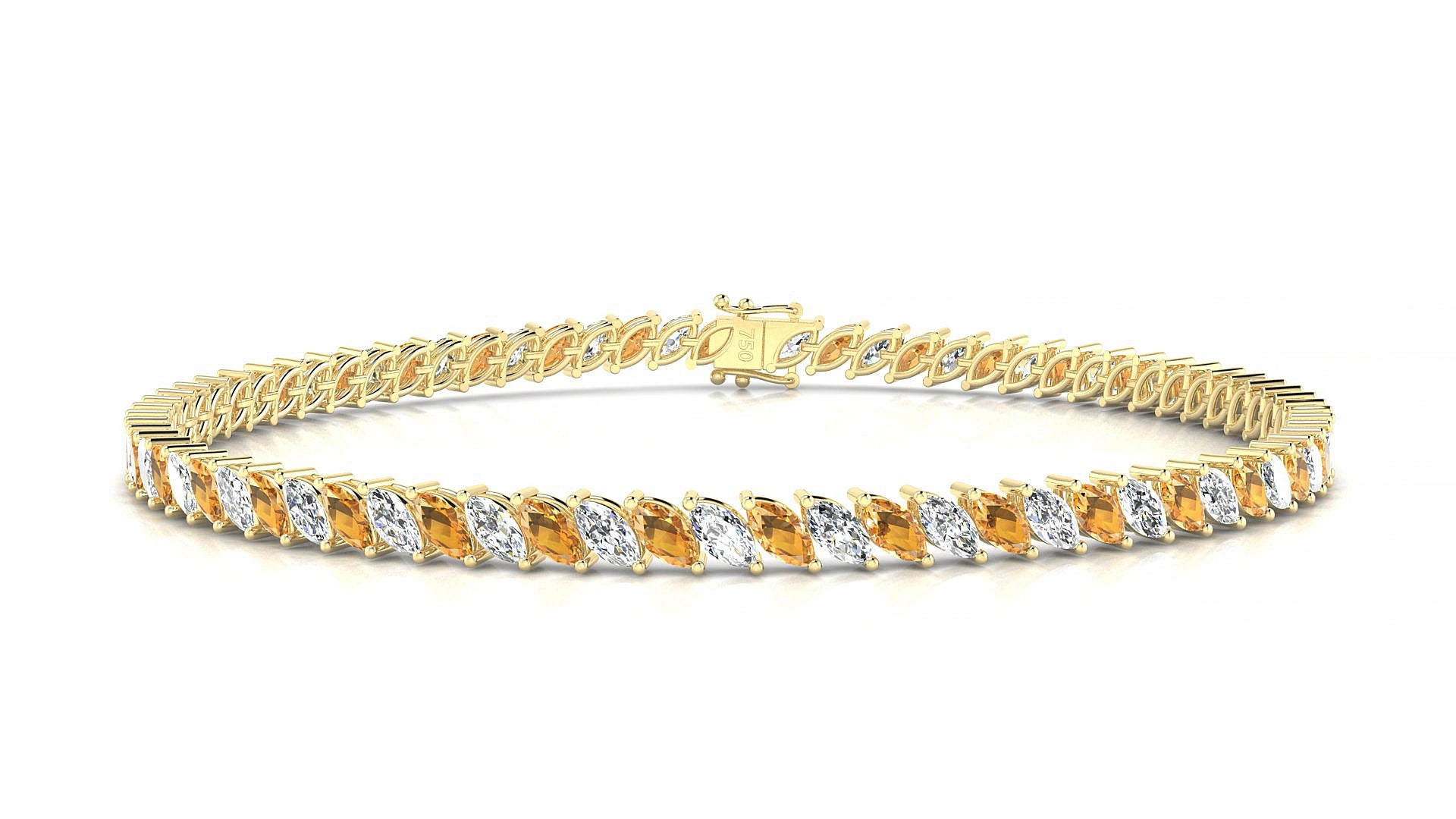Venezia 1-1 | 18k Yellow Gold 4 x 2 mm Marquise Natural Citrine & Diamond 20 cm Tennis Bracelet