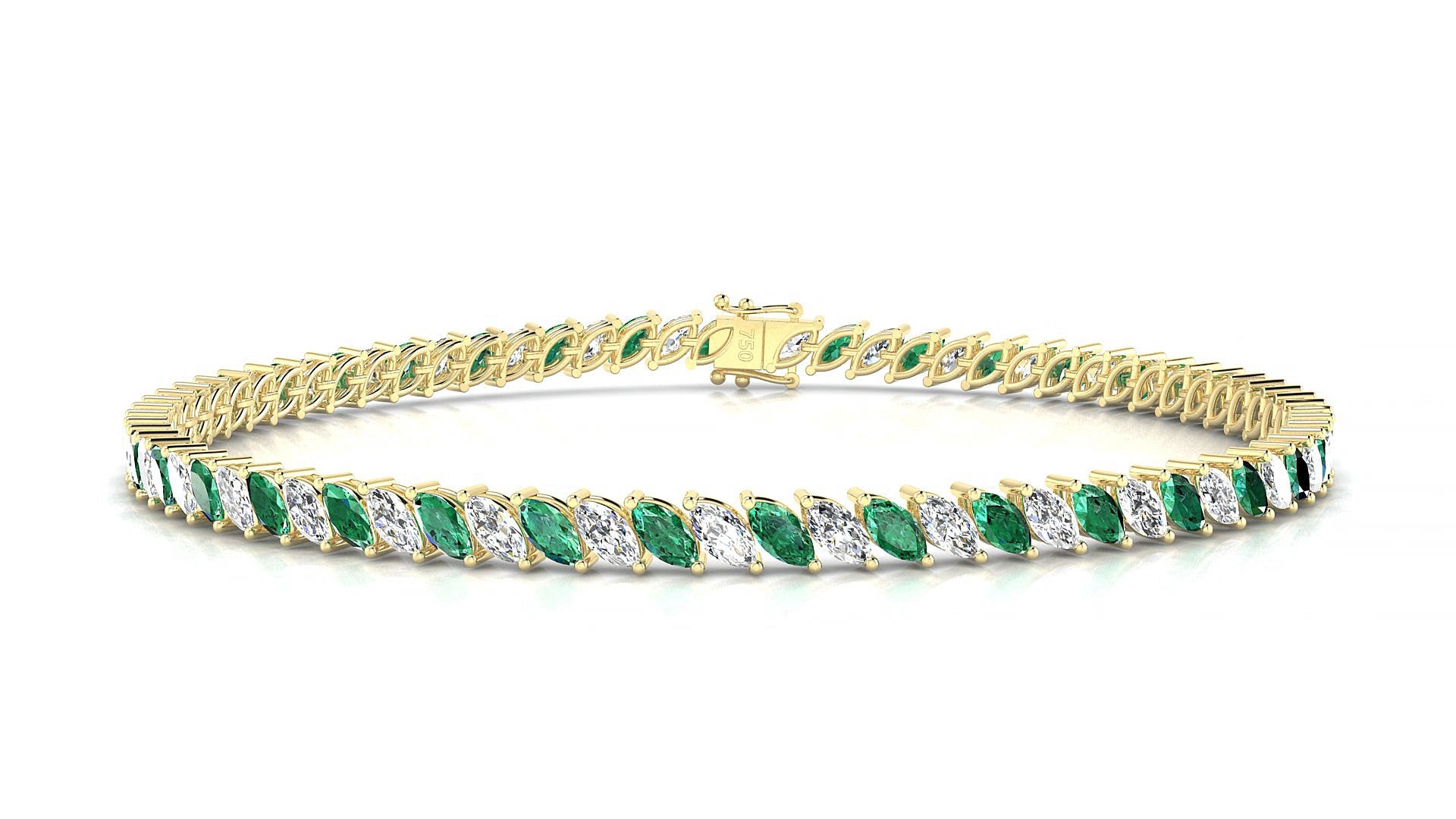 Venezia 1-1 | 18k Yellow Gold 4 x 2 mm Marquise Natural Emerald & Diamond 15 cm Tennis Bracelet