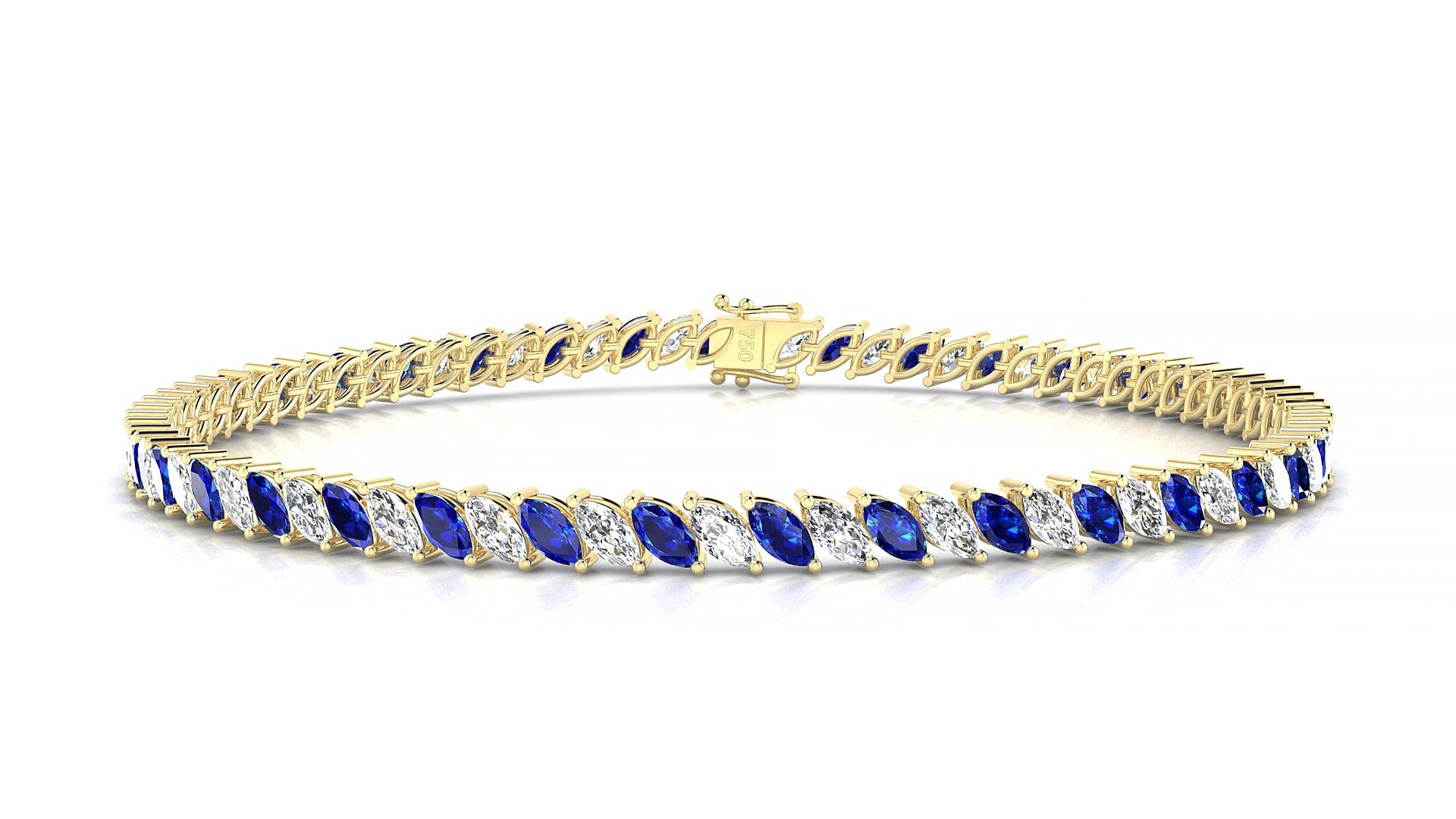 Venezia 1-1 | 18k Yellow Gold 4 x 2 mm Marquise Natural Sapphire & Diamond 17 cm Tennis Bracelet