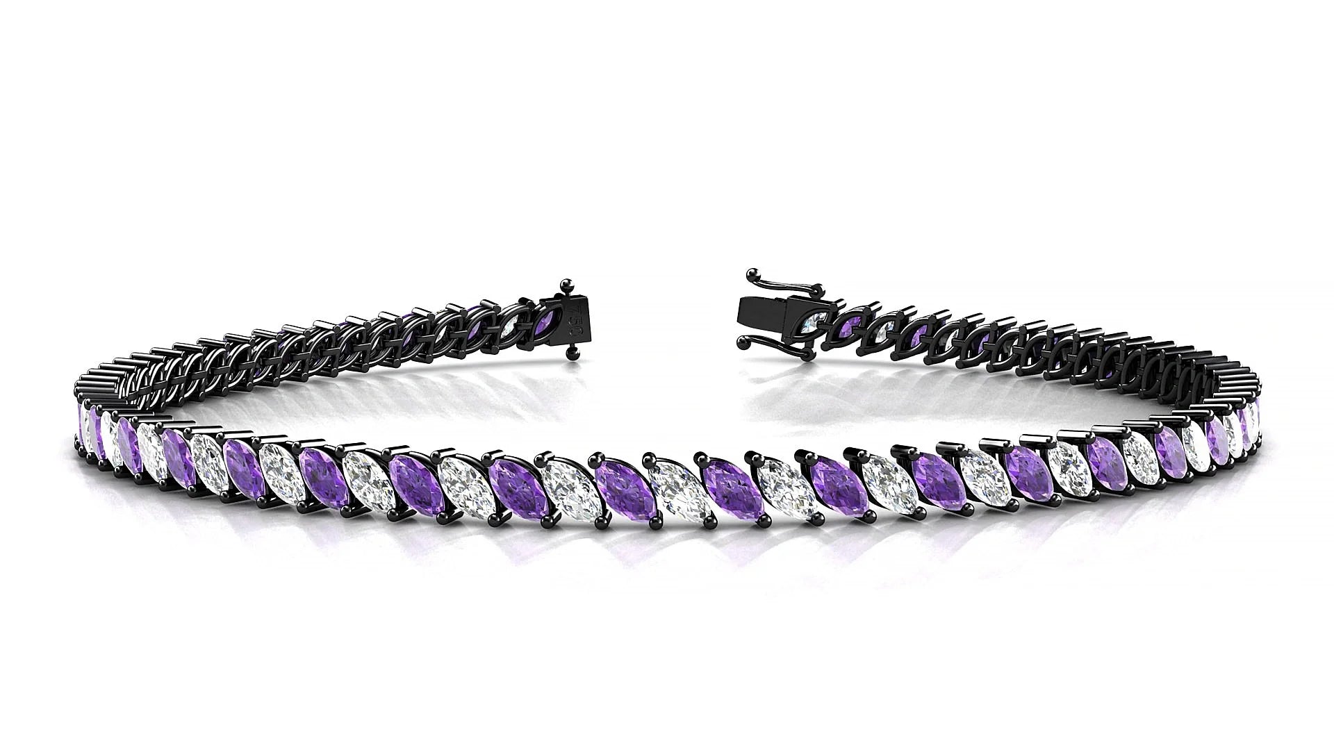 Venezia 1-1 | 18k Black Gold 4 x 2 mm Marquise Natural Amethyst & Diamond Tennis Bracelet