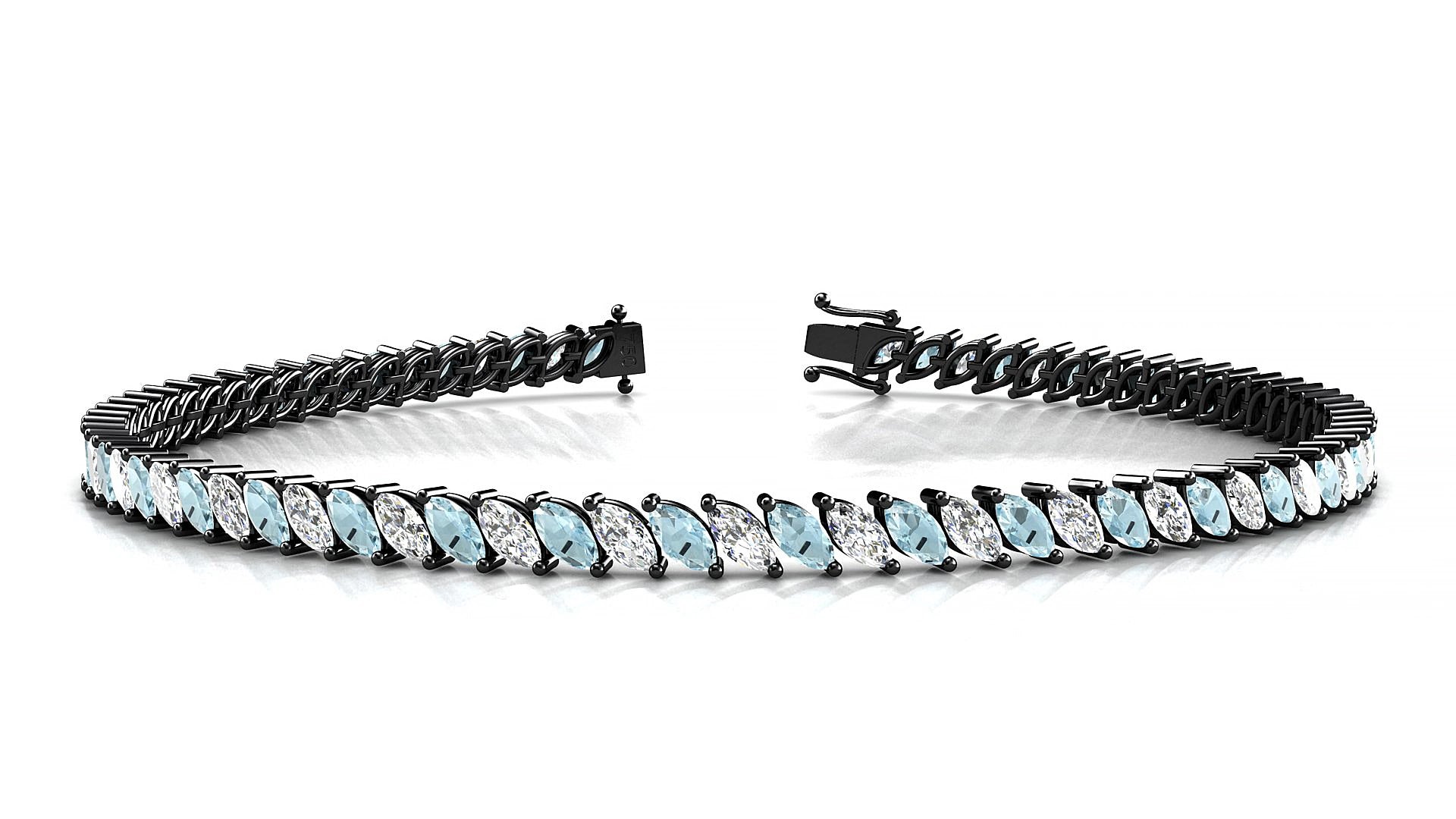 Venezia 1-1 | 18k Black Gold 4 x 2 mm Marquise Natural Aquamarine & Diamond 18 cm Tennis Bracelet