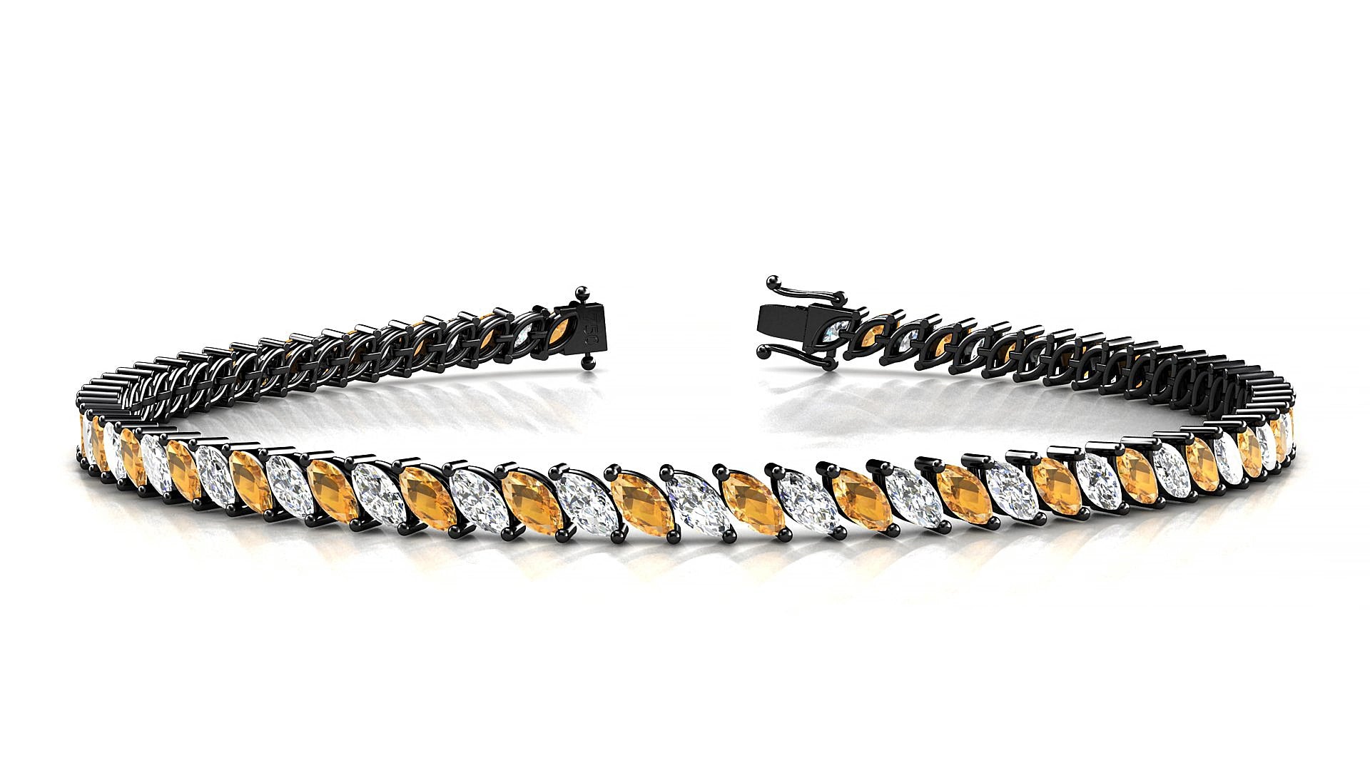 Venezia 1-1 | 18k Black Gold 4 x 2 mm Marquise Natural Citrine & Diamond 15 cm Tennis Bracelet