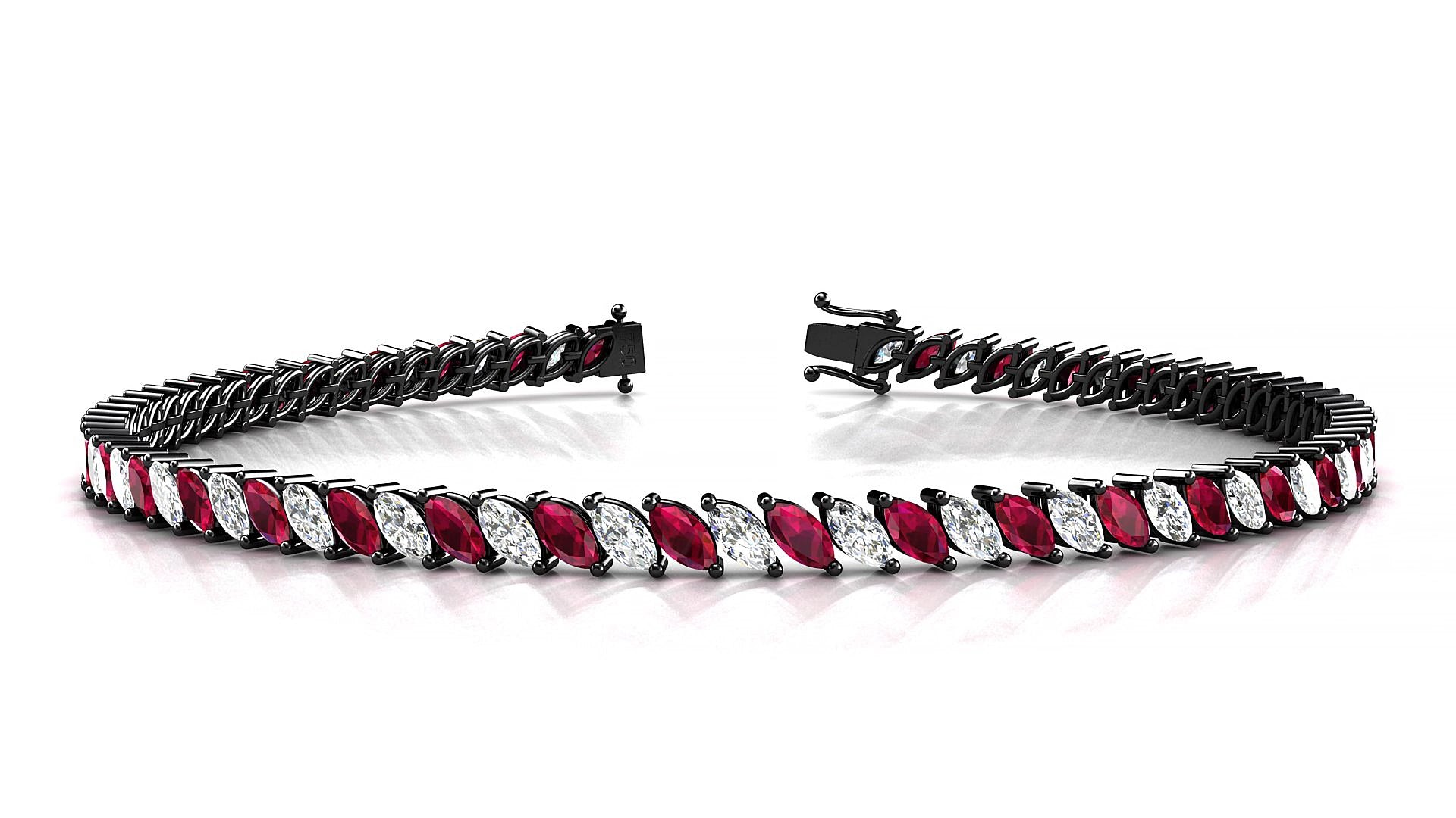Venezia 1-1 | 18k Black Gold 4 x 2 mm Marquise Natural Ruby & Diamond 15 cm Tennis Bracelet
