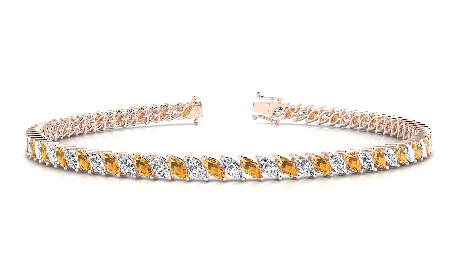 Venezia 1-1 | 18k Rose Gold 4 x 2 mm Marquise Natural Citrine & Diamond 15 cm Tennis Bracelet
