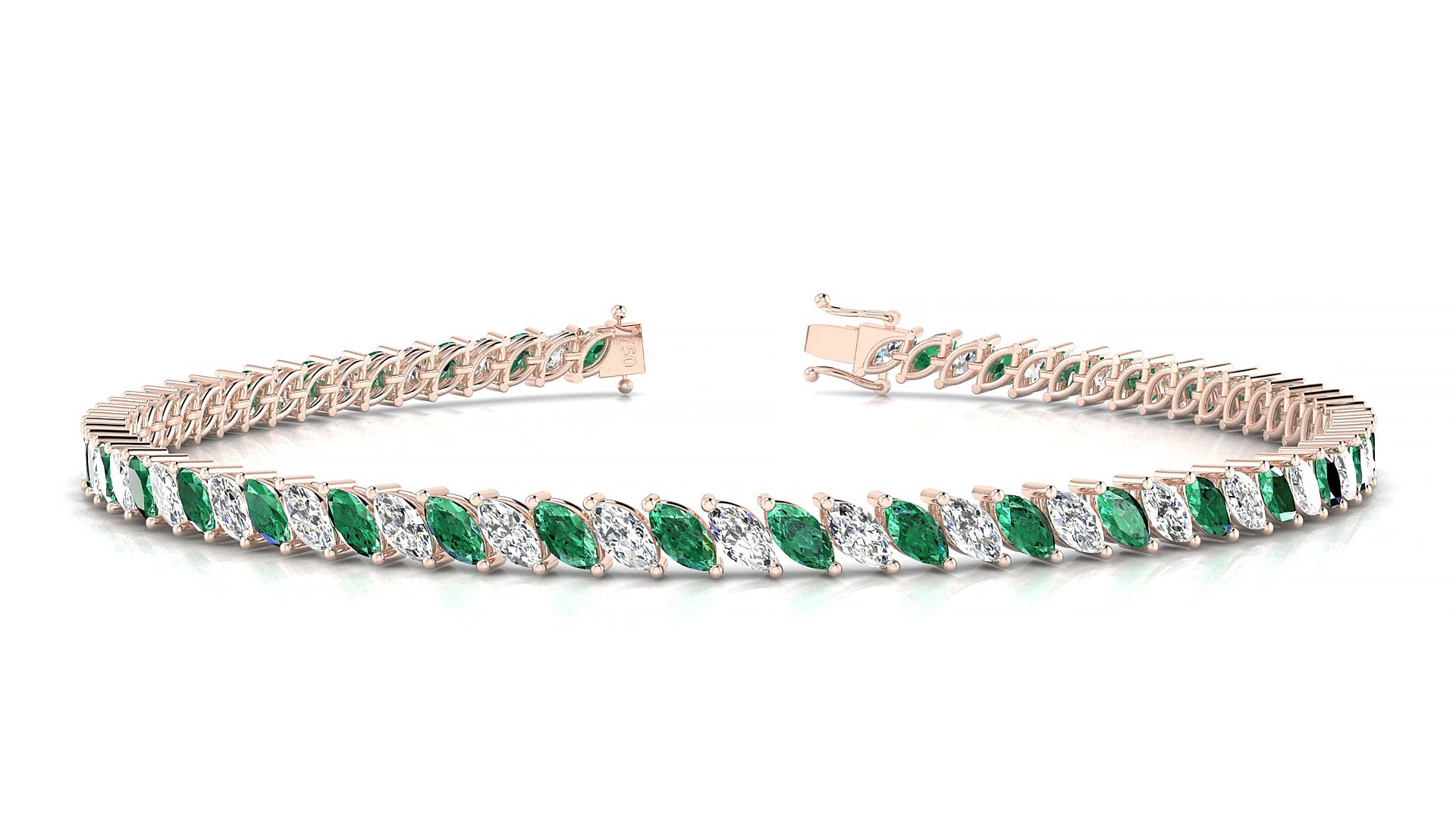 Venezia 1-1 | 18k Rose Gold 4 x 2 mm Marquise Natural Emerald & Diamond 17 cm Tennis Bracelet