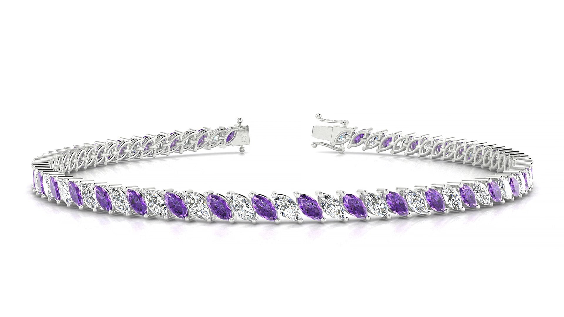 Venezia 1-1 | 18k White Gold 4 x 2 mm Marquise Natural Amethyst & Diamond 15 cm Tennis Bracelet