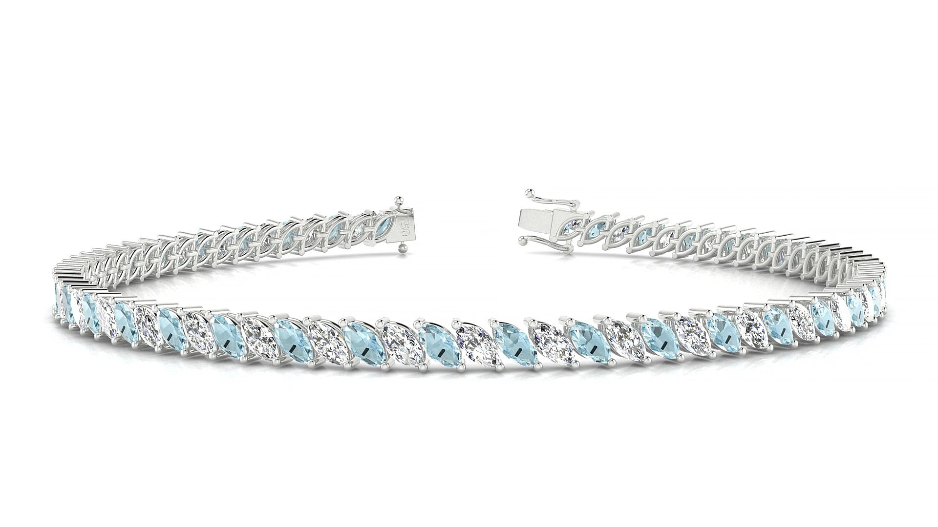 Venezia 1-1 | 18k White Gold 4 x 2 mm Marquise Natural Aquamarine & Diamond 15 cm Tennis Bracelet