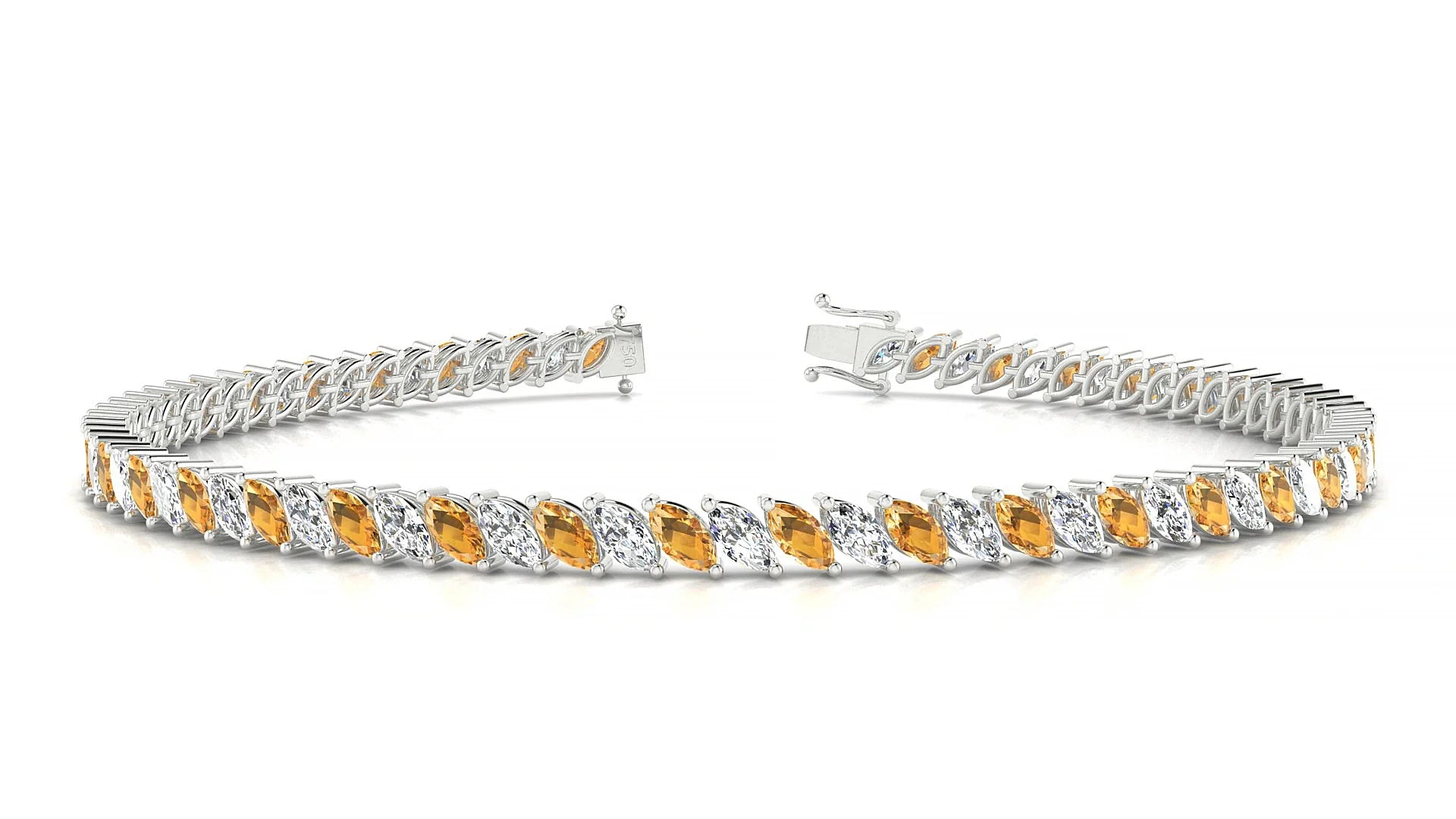 Venezia 1-1 | 18k White Gold 4 x 2 mm Marquise Natural Citrine & Diamond Tennis Bracelet