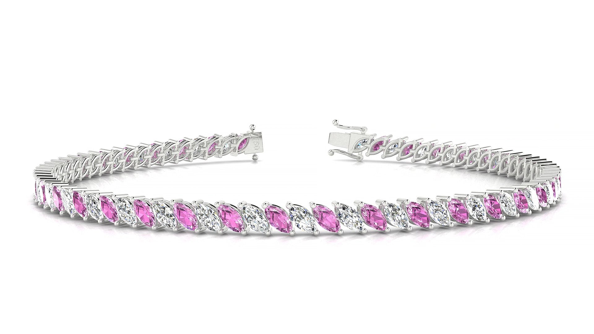 Venezia 1-1 | 18k White Gold 4 x 2 mm Marquise Natural Pink Sapphire & Diamond 17 cm Tennis Bracelet
