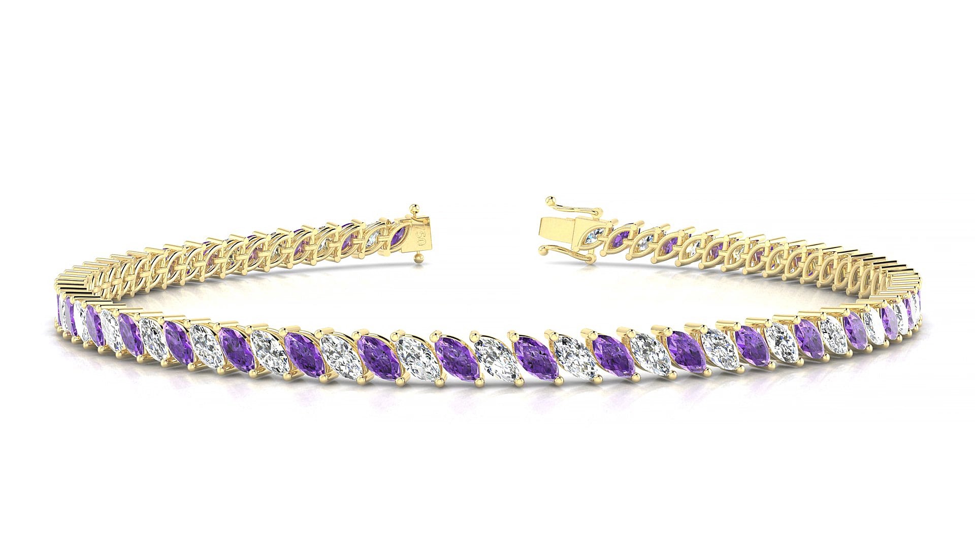 Venezia 1-1 | 18k Yellow Gold 4 x 2 mm Marquise Natural Amethyst & Diamond 16 cm Tennis Bracelet