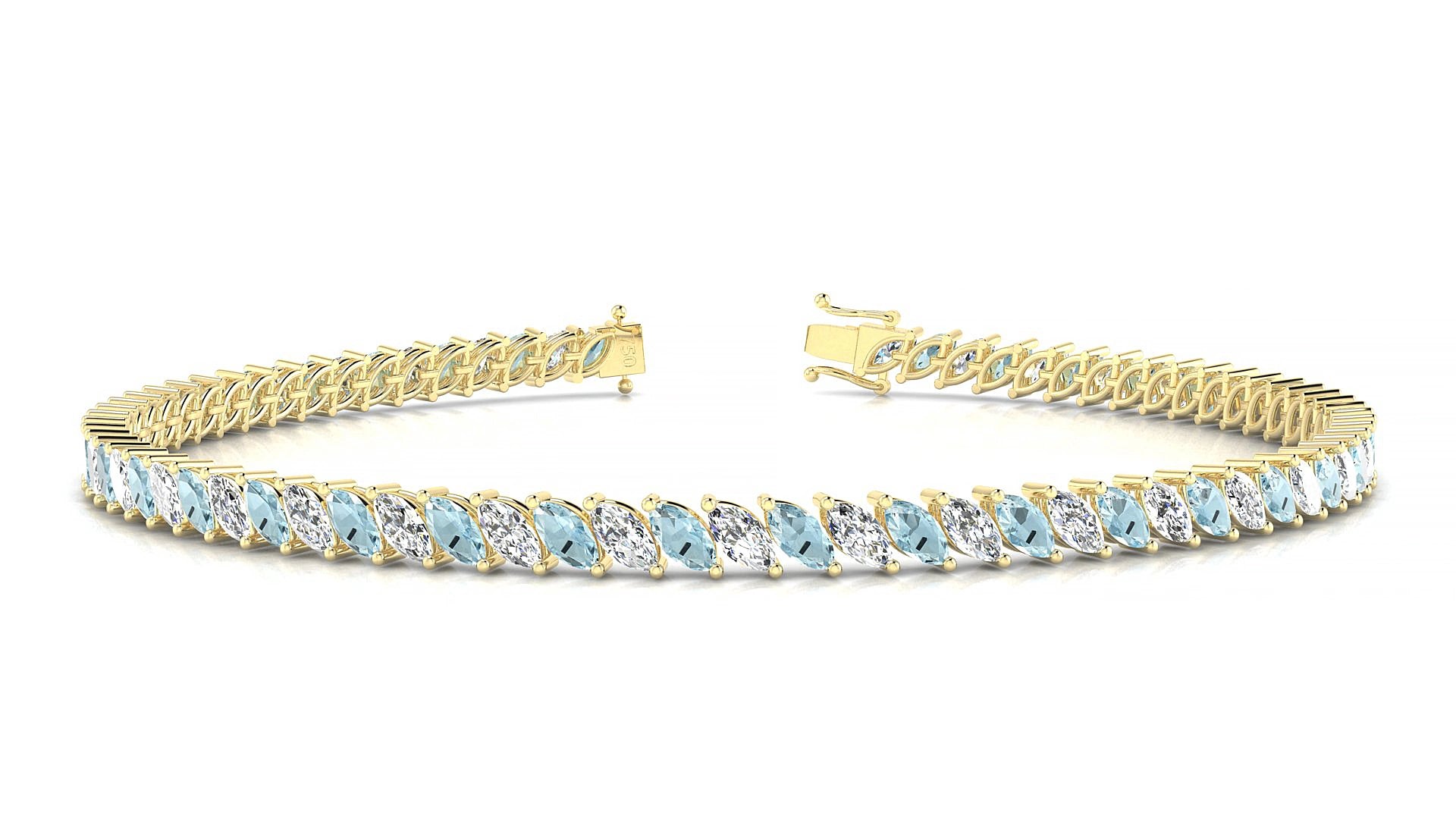 Venezia 1-1 | 18k Yellow Gold 4 x 2 mm Marquise Natural Aquamarine & Diamond 15 cm Tennis Bracelet