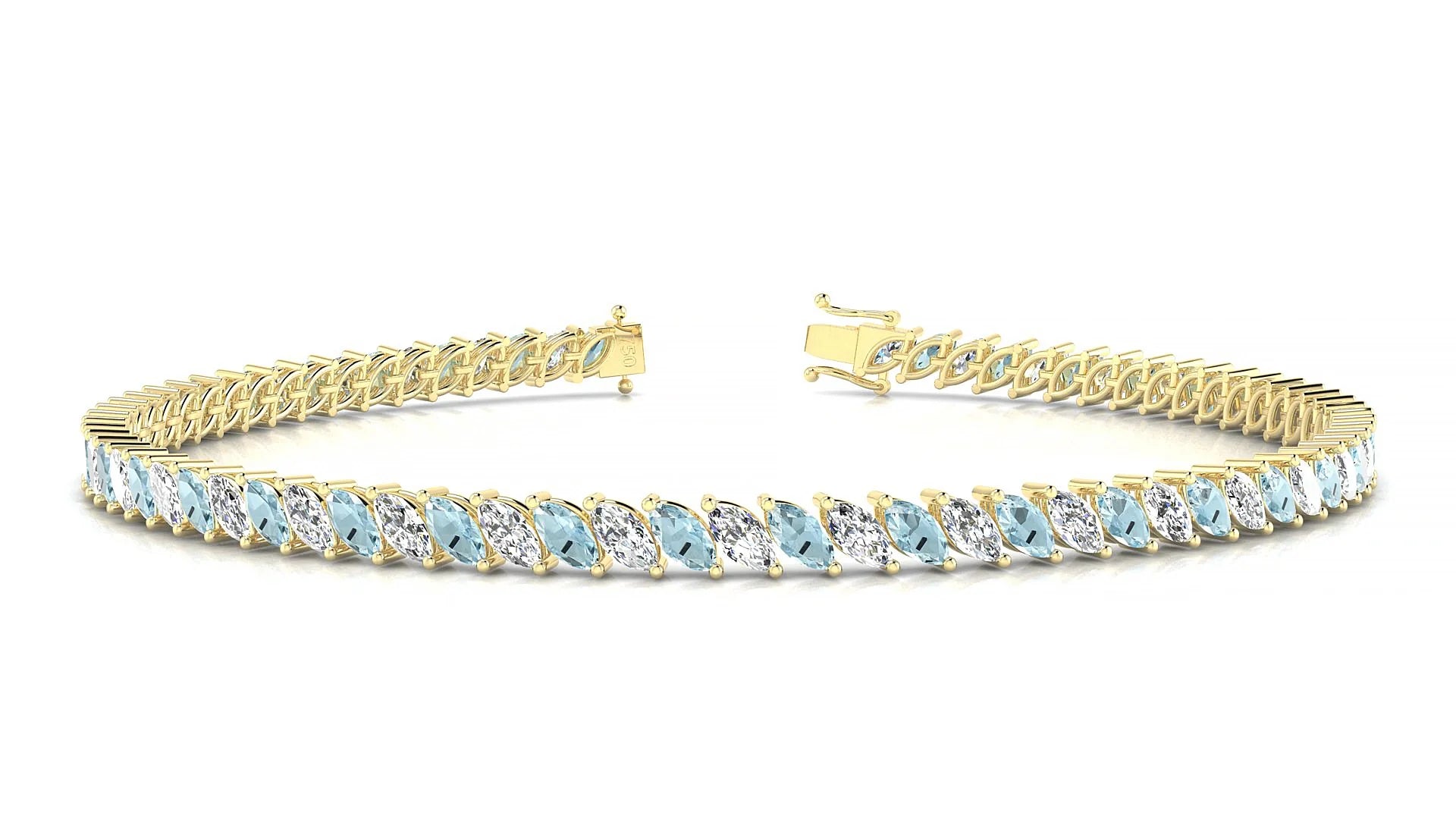 Venezia 1-1 | 18k Yellow Gold 4 x 2 mm Marquise Natural Aquamarine & Diamond Tennis Bracelet
