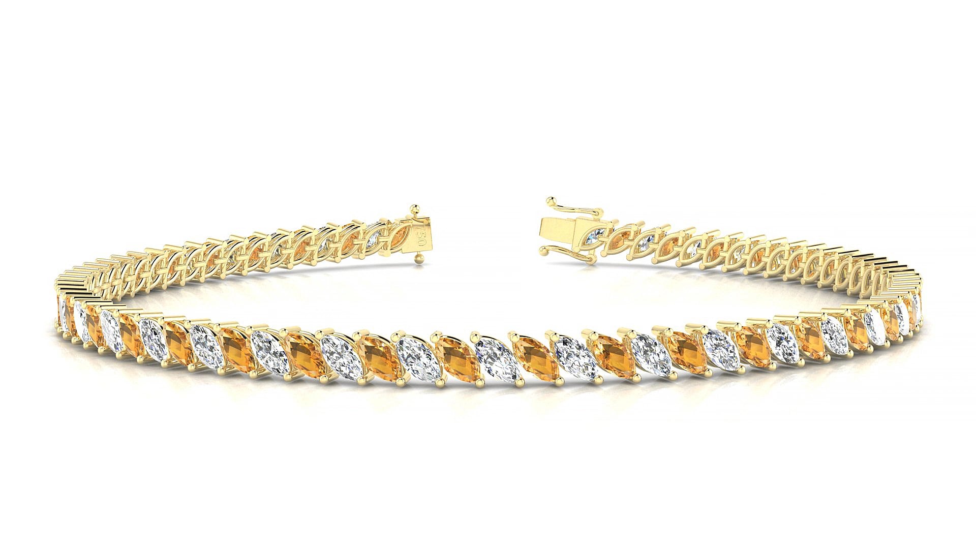 Venezia 1-1 | 18k Yellow Gold 4 x 2 mm Marquise Natural Citrine & Diamond 18 cm Tennis Bracelet