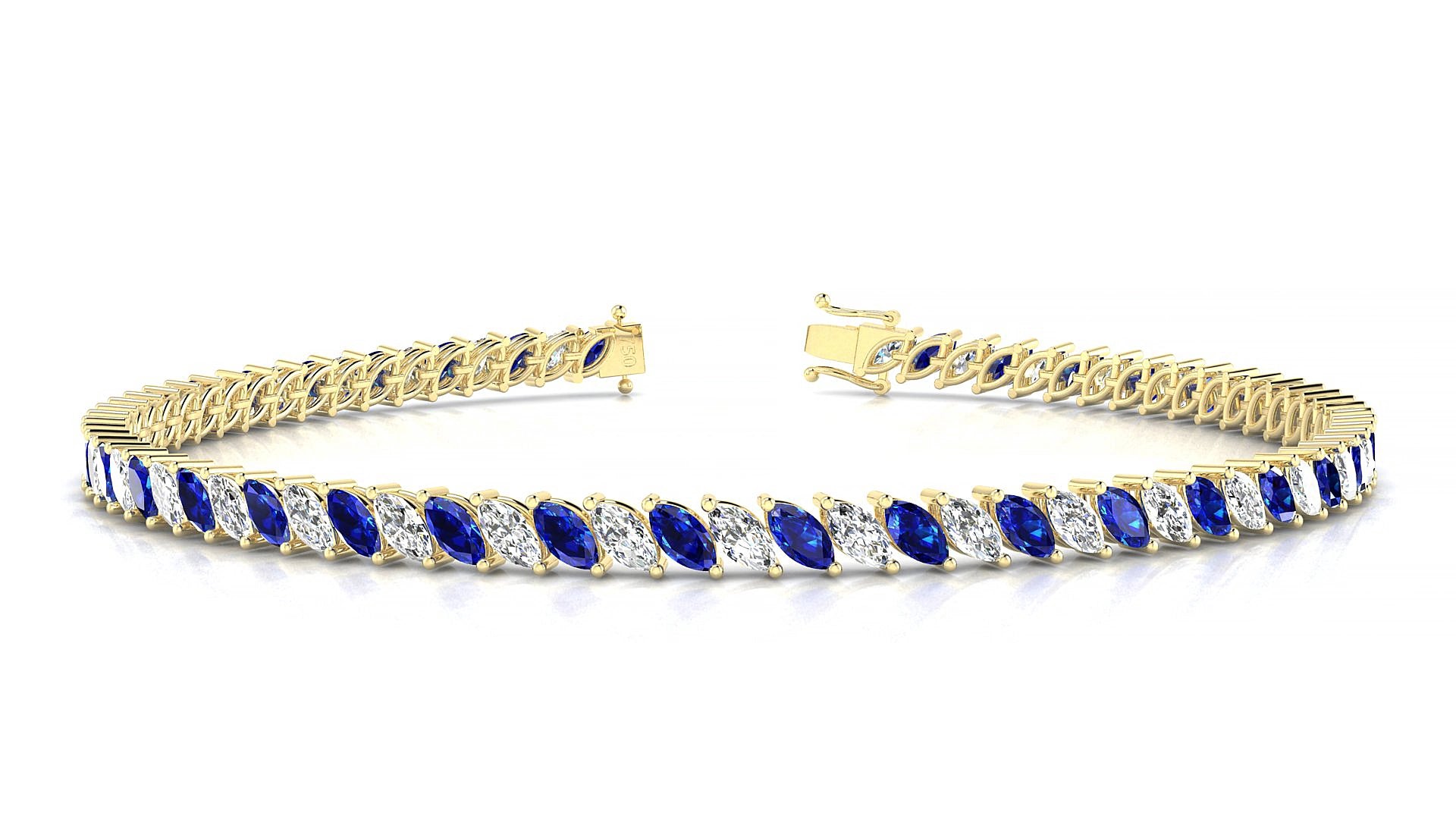 Venezia 1-1 | 18k Yellow Gold 4 x 2 mm Marquise Natural Sapphire & Diamond 15 cm Tennis Bracelet