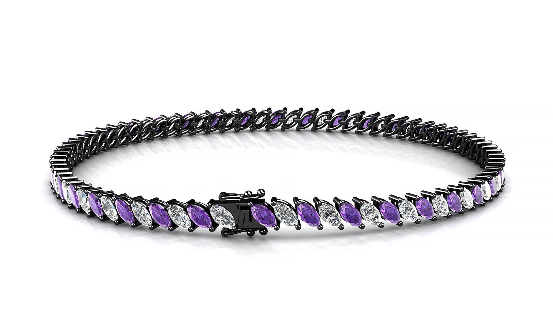 Venezia 1-1 | 18k Black Gold 4 x 2 mm Marquise Natural Amethyst & Diamond 15 cm Tennis Bracelet