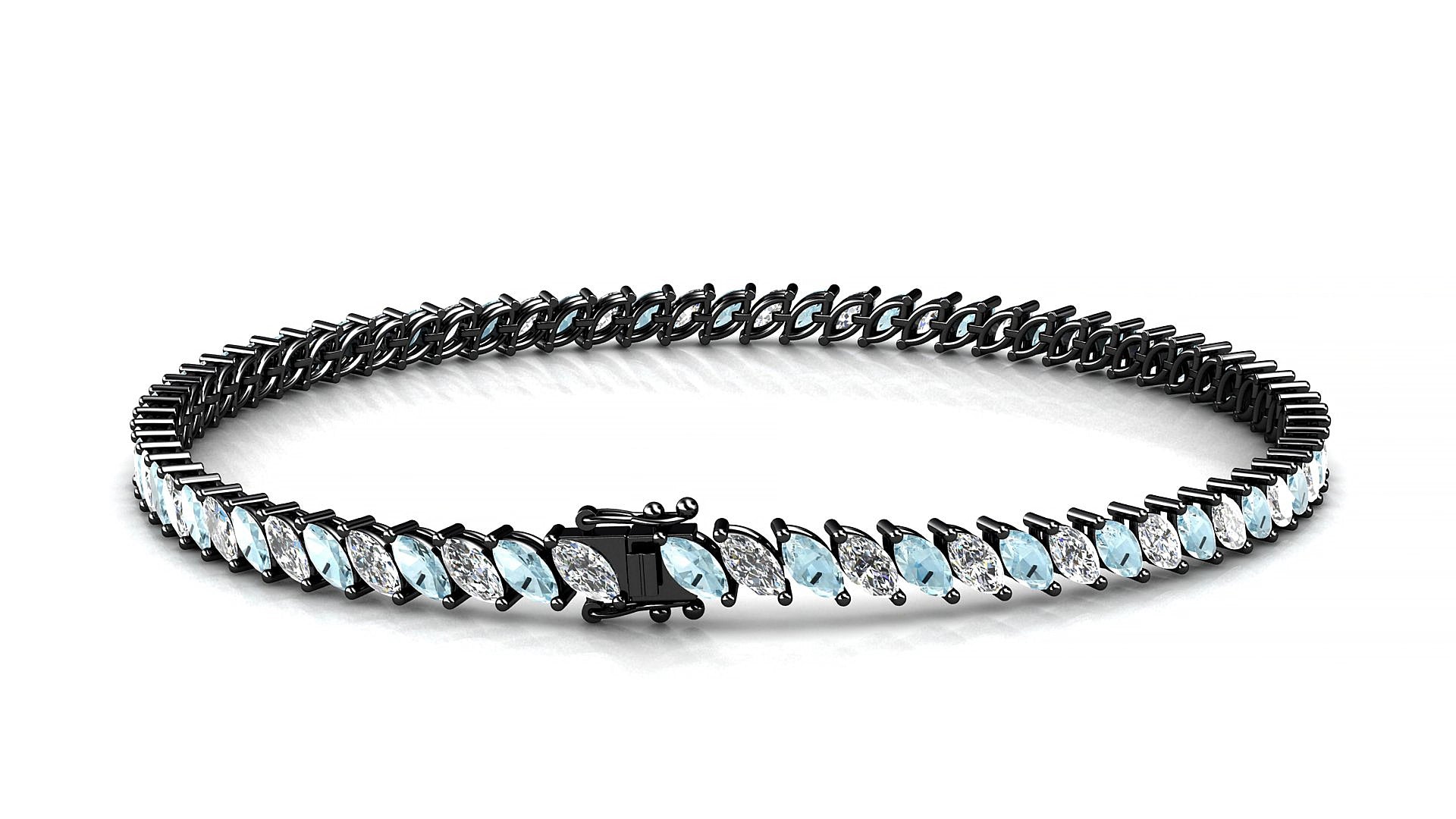 Venezia 1-1 | 18k Black Gold 4 x 2 mm Marquise Natural Aquamarine & Diamond 17 cm Tennis Bracelet