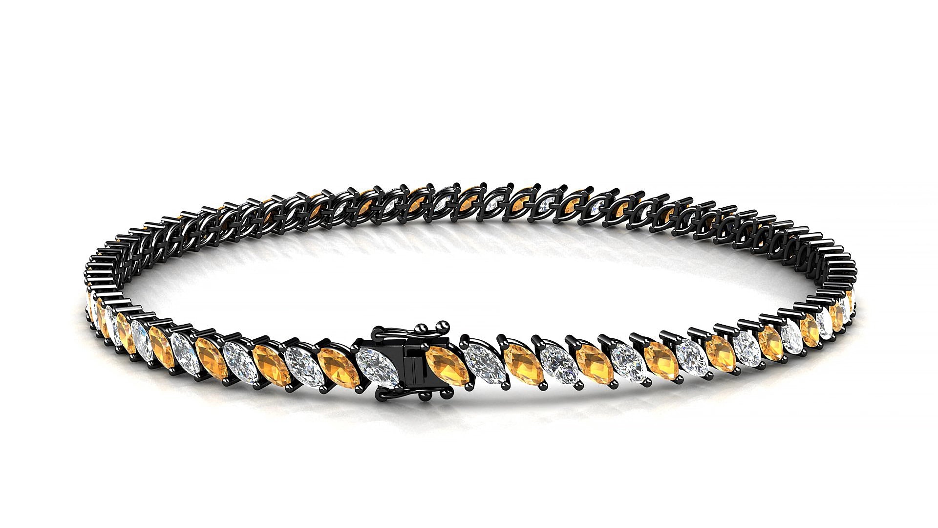 Venezia 1-1 | 18k Black Gold 4 x 2 mm Marquise Natural Citrine & Diamond 15 cm Tennis Bracelet