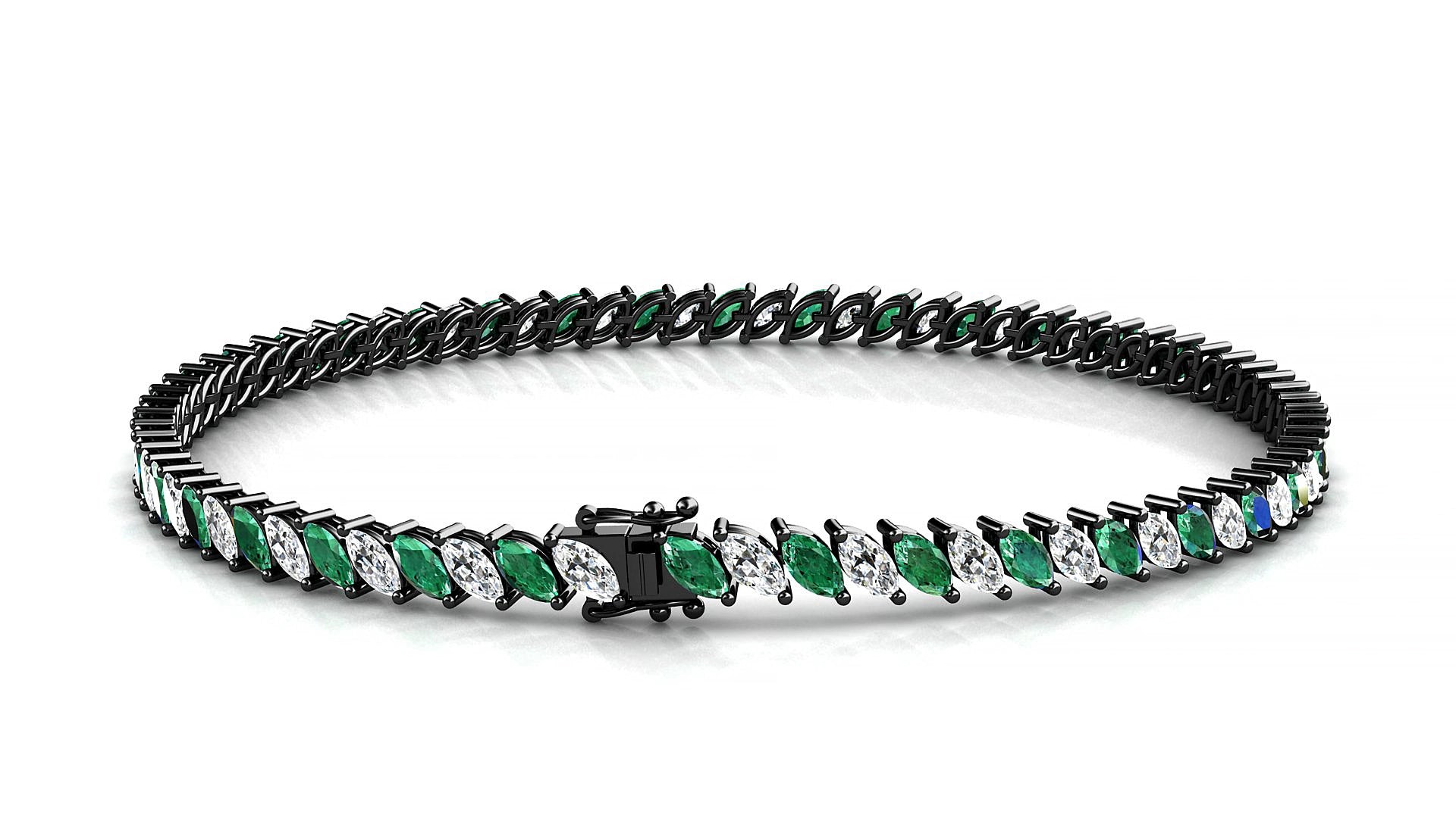 Venezia 1-1 | 18k Black Gold 4 x 2 mm Marquise Natural Emerald & Diamond 15 cm Tennis Bracelet
