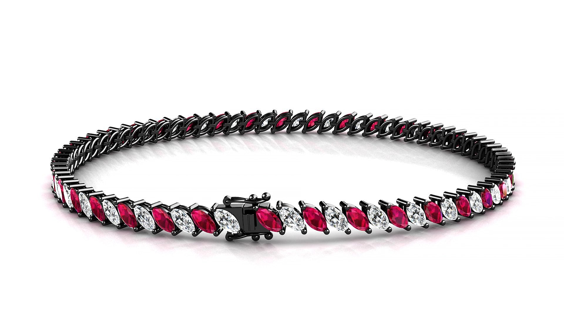 Venezia 1-1 | 18k Black Gold 4 x 2 mm Marquise Natural Ruby & Diamond 19 cm Tennis Bracelet