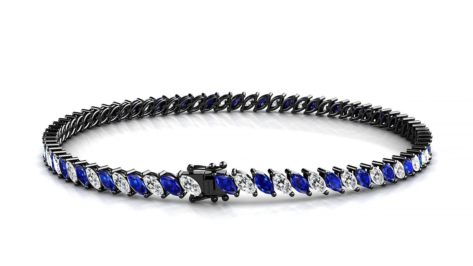 Venezia 1-1 | 18k Black Gold 4 x 2 mm Marquise Natural Sapphire & Diamond 16 cm Tennis Bracelet