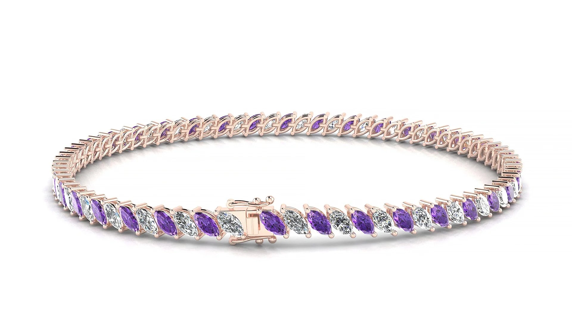 Venezia 1-1 | 18k Rose Gold 4 x 2 mm Marquise Natural Amethyst & Diamond Tennis Bracelet