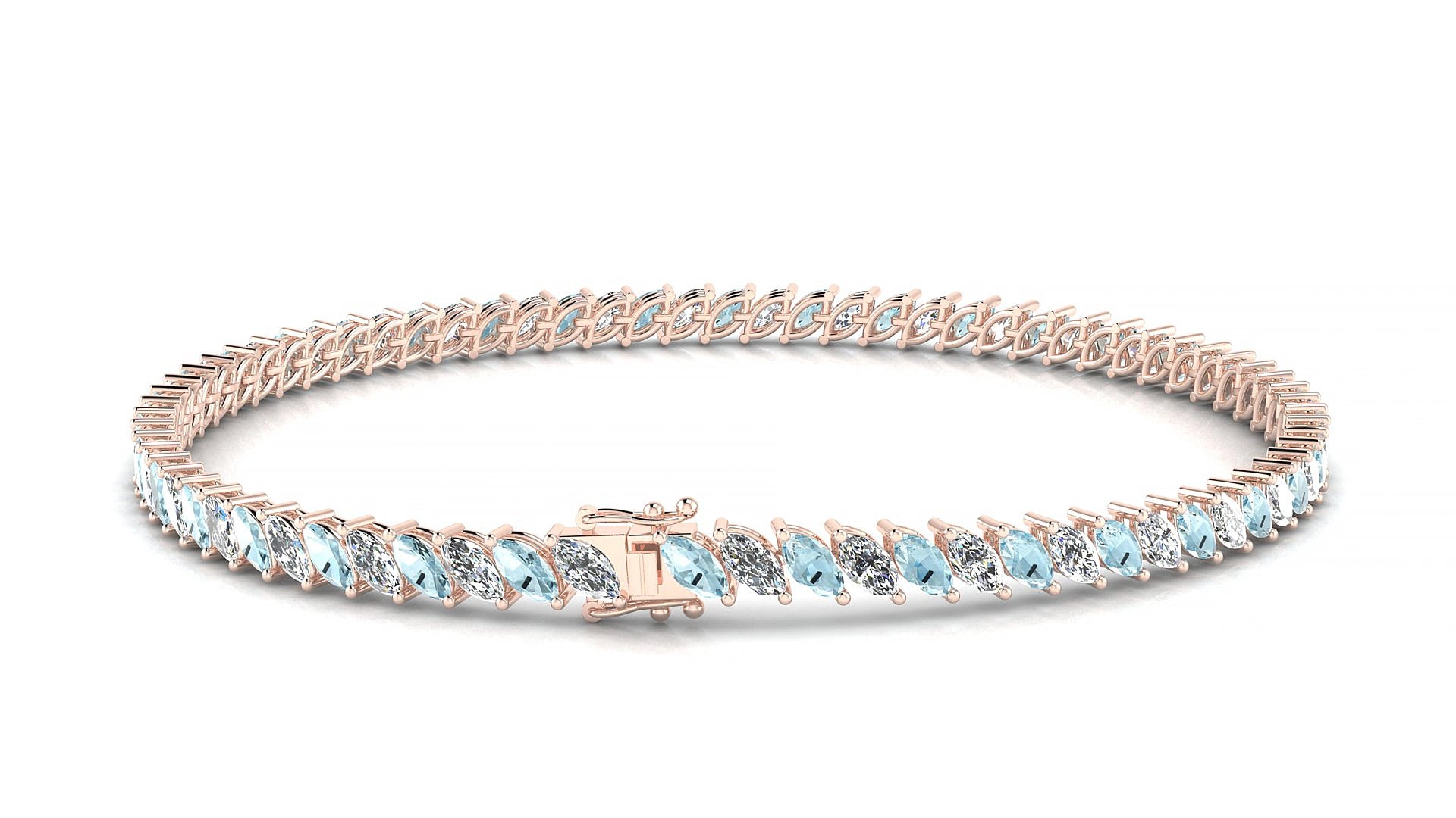 Venezia 1-1 | 18k Rose Gold 4 x 2 mm Marquise Natural Aquamarine & Diamond 16 cm Tennis Bracelet