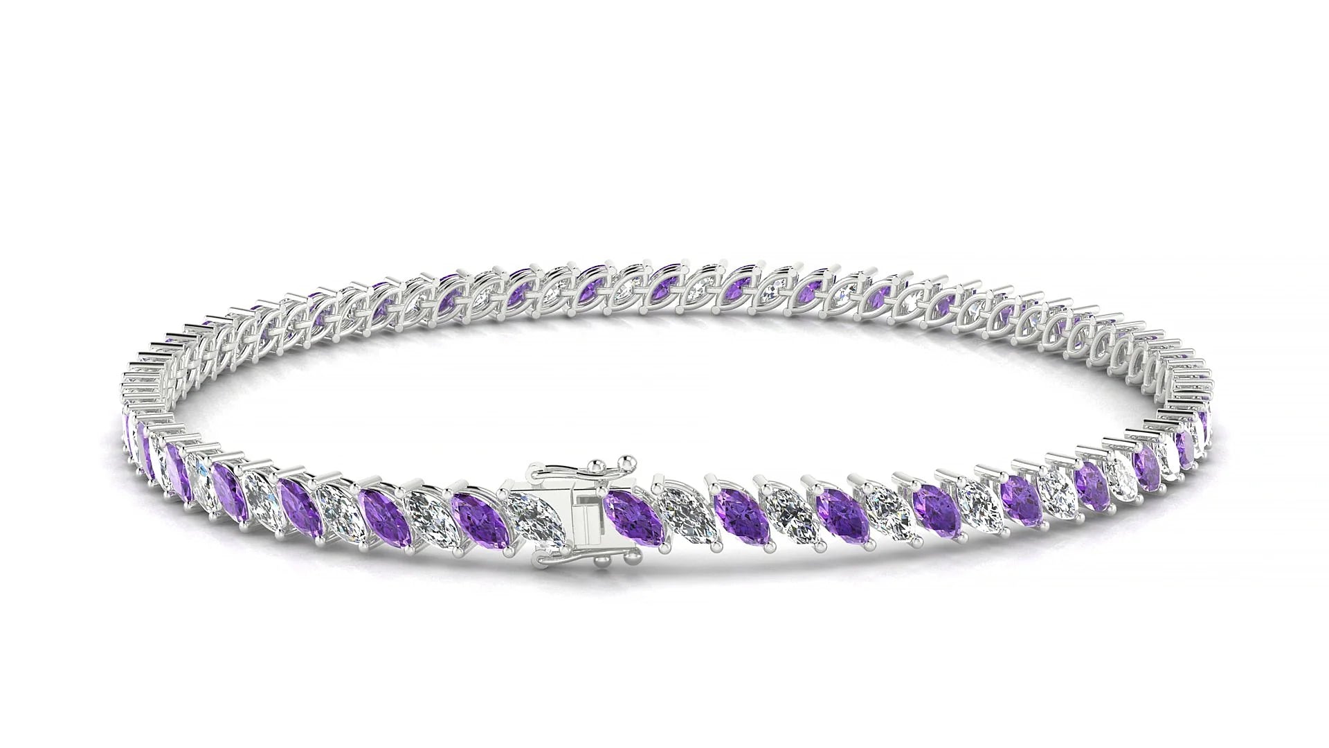 Venezia 1-1 | 18k White Gold 4 x 2 mm Marquise Natural Amethyst & Diamond Tennis Bracelet