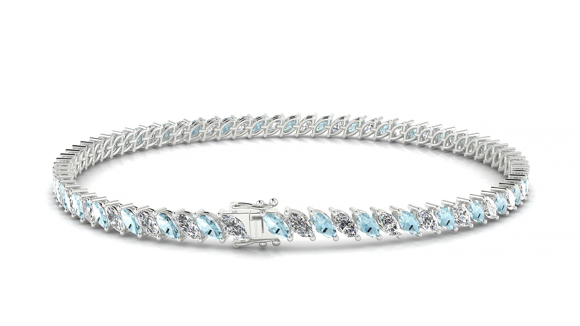 Venezia 1-1 | 18k White Gold 4 x 2 mm Marquise Natural Aquamarine & Diamond 17 cm Tennis Bracelet