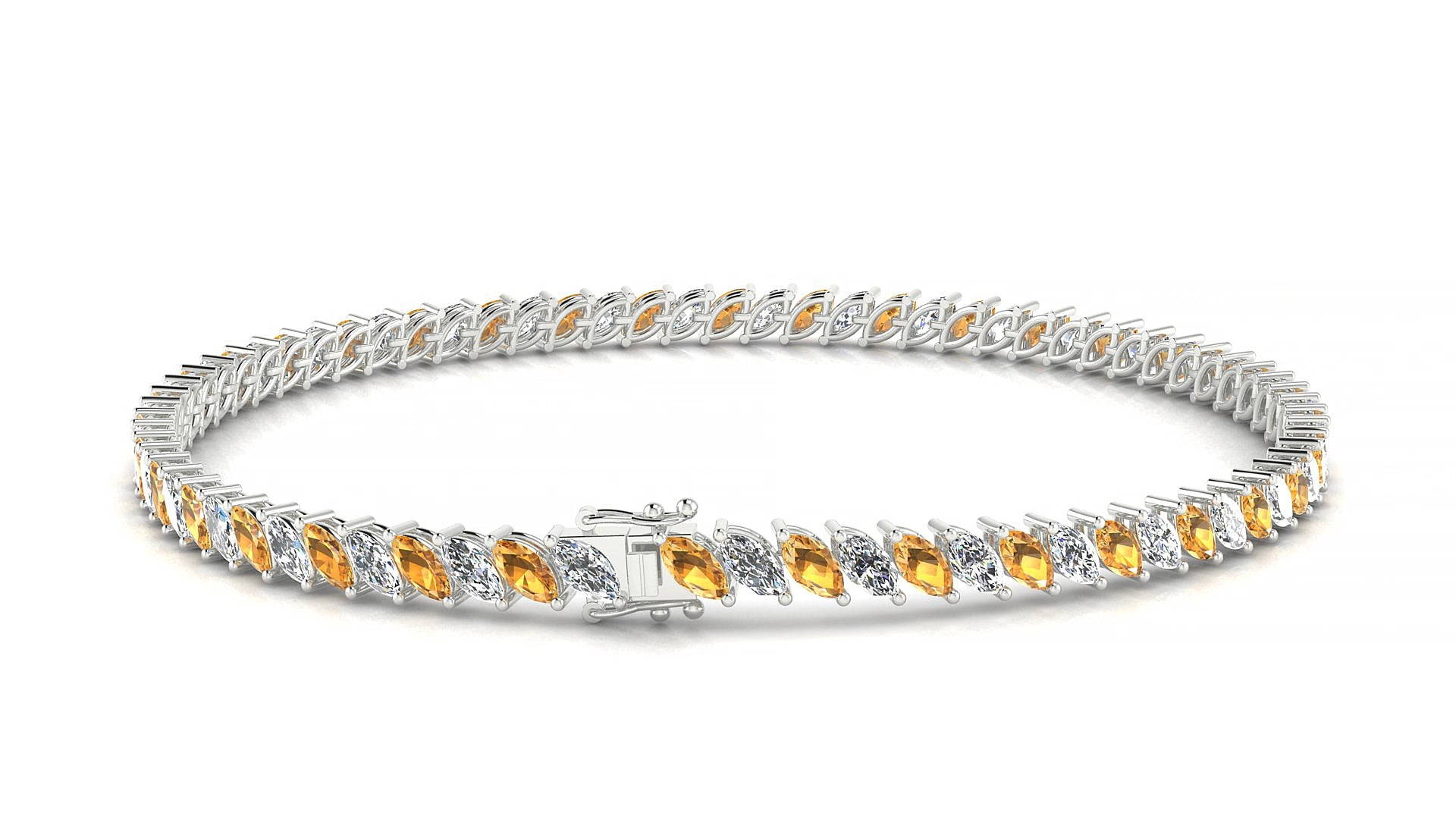 Venezia 1-1 | 18k White Gold 4 x 2 mm Marquise Natural Citrine & Diamond 15 cm Tennis Bracelet