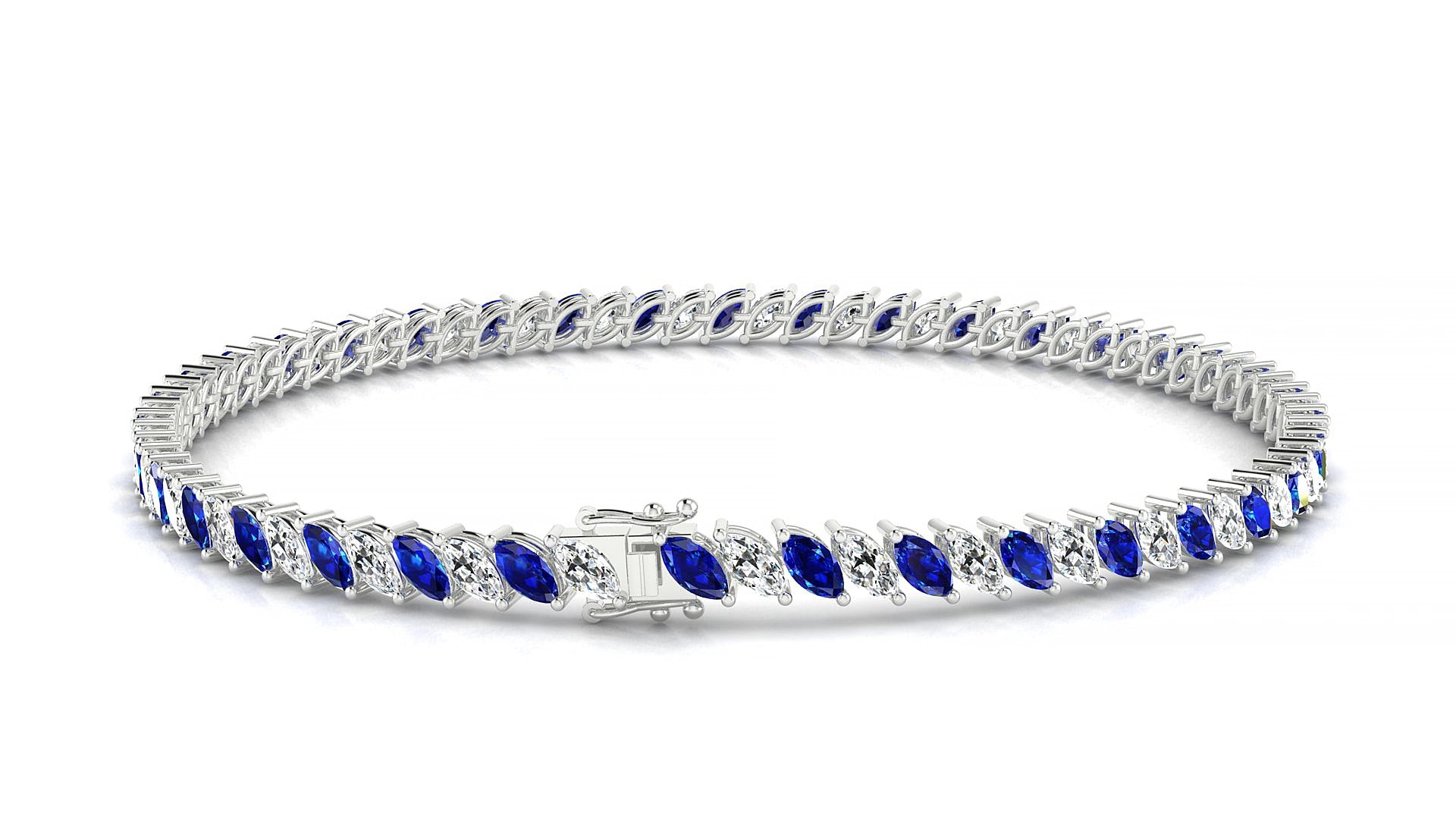 Venezia 1-1 | 18k White Gold 4 x 2 mm Marquise Natural Sapphire & Diamond 16 cm Tennis Bracelet