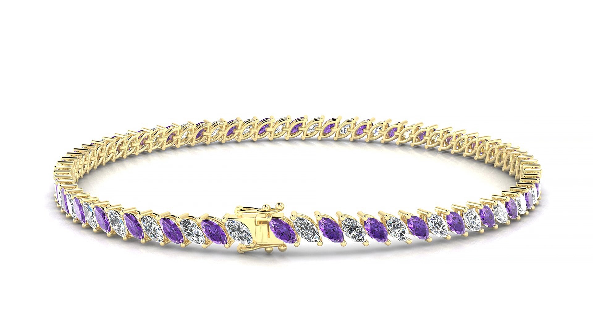 Venezia 1-1 | 18k Yellow Gold 4 x 2 mm Marquise Natural Amethyst & Diamond 18 cm Tennis Bracelet